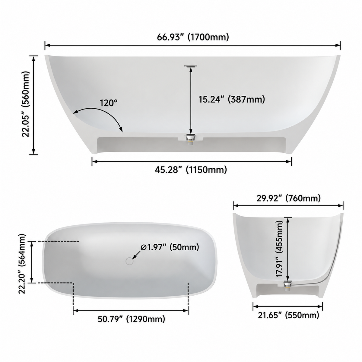 LYCARA freestanding solid surface soaking bathtub technical diagram with dimensions
