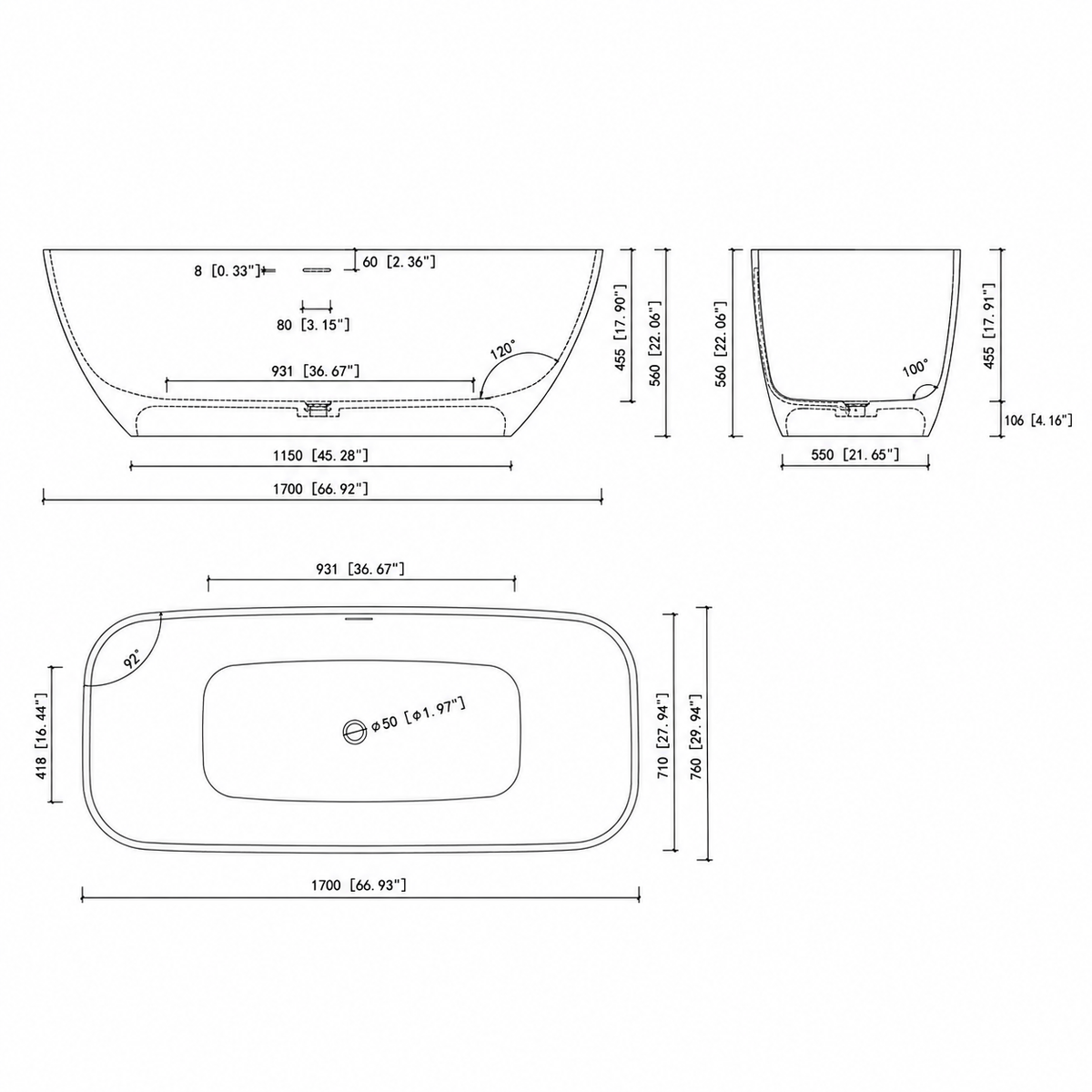 LYCARA freestanding solid surface soaking bathtub technical diagram with dimensions