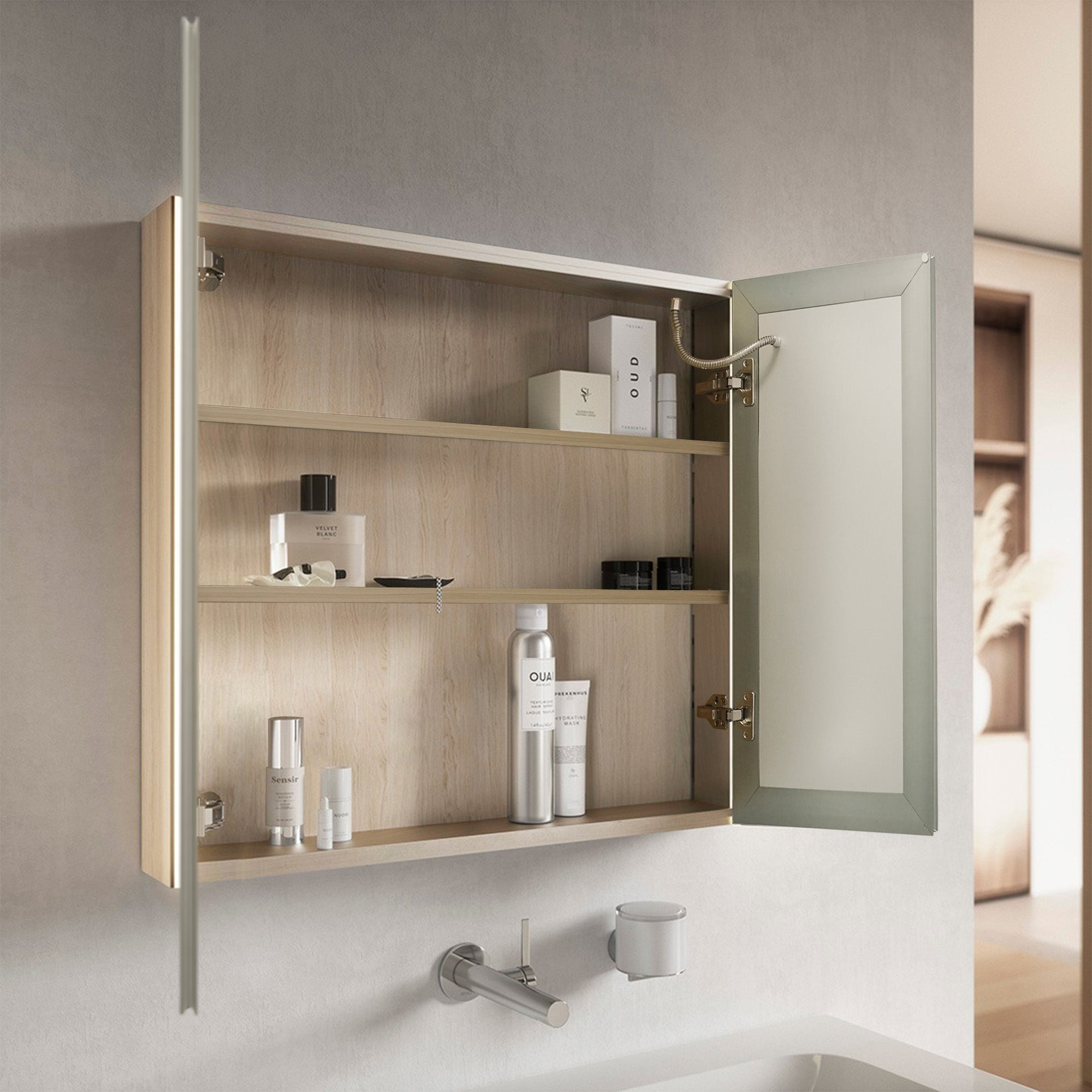 OBERON Custom LED Mirror Medicine Cabinet with Natural Wood Finish