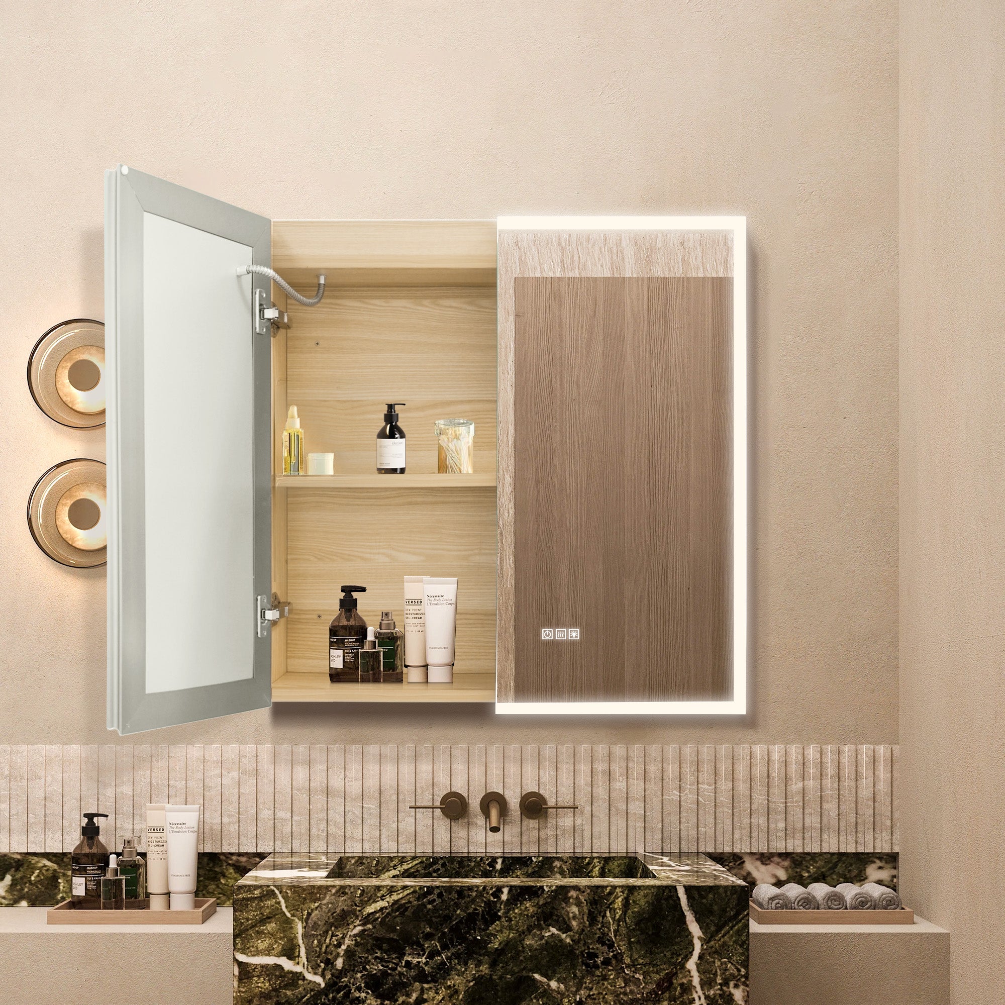 OBERON Custom LED Mirror Medicine Cabinet with Natural Wood Finish