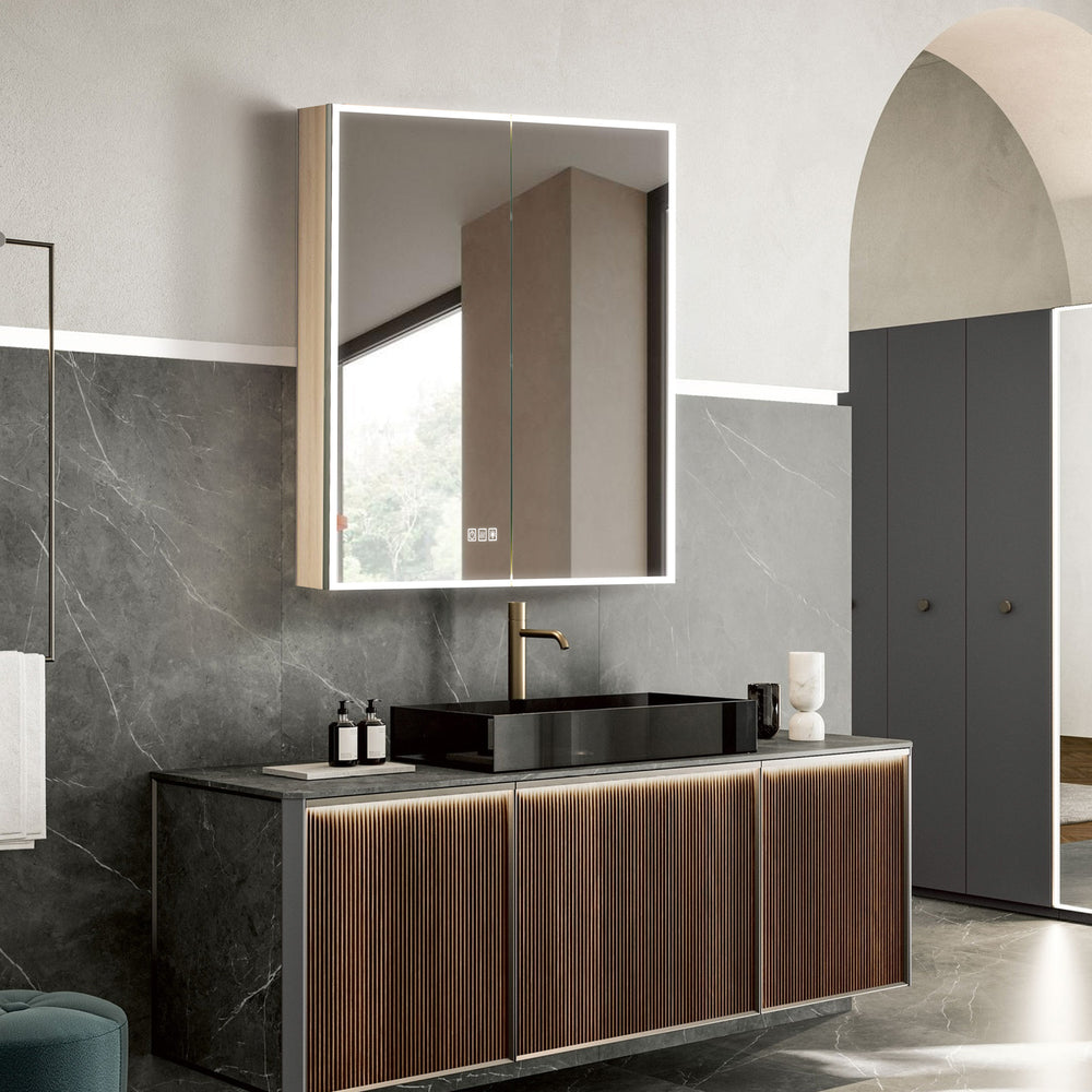 OBERON Custom LED Mirror Medicine Cabinet with Natural Wood Finish