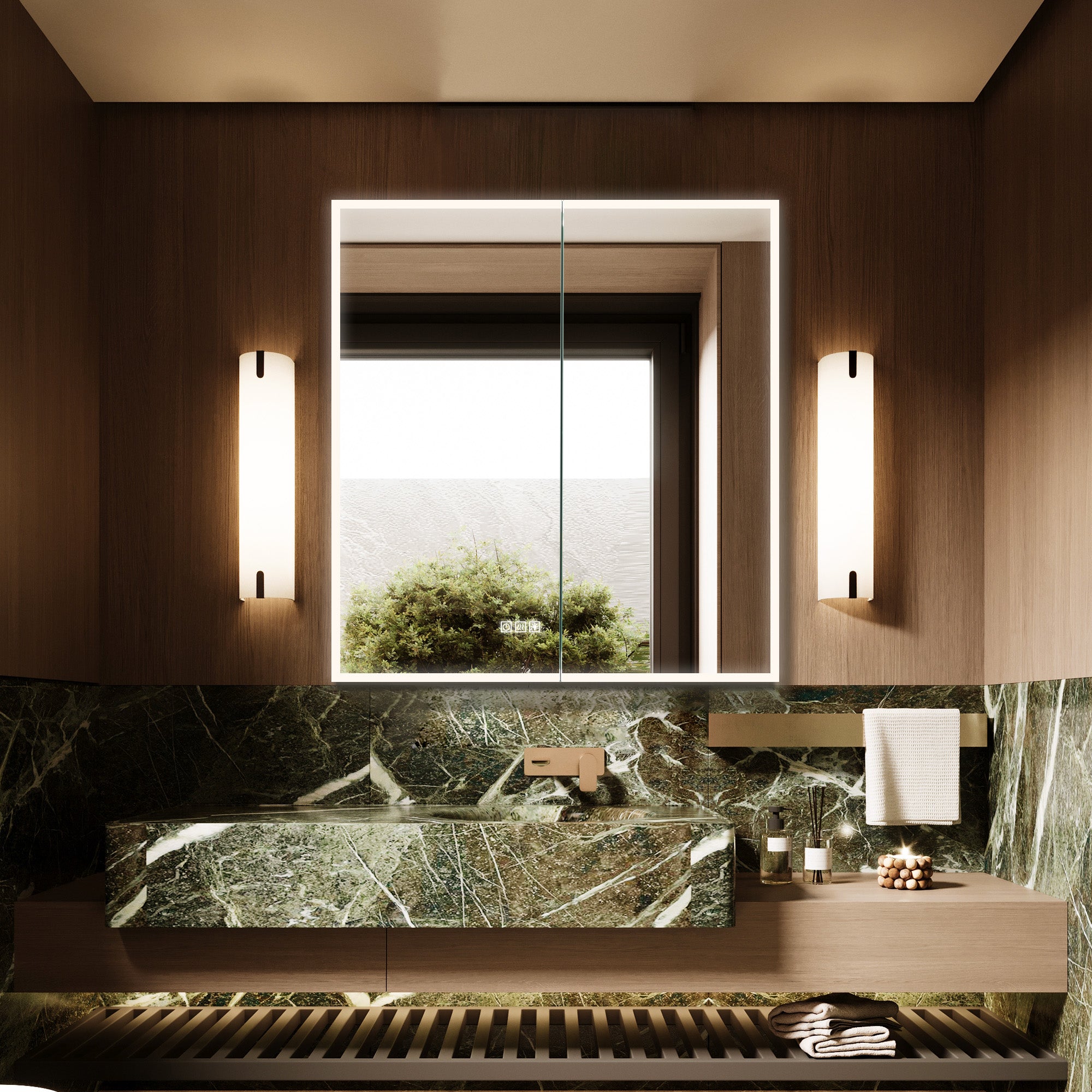 OBERON Custom LED Mirror Medicine Cabinet with Natural Wood Finish