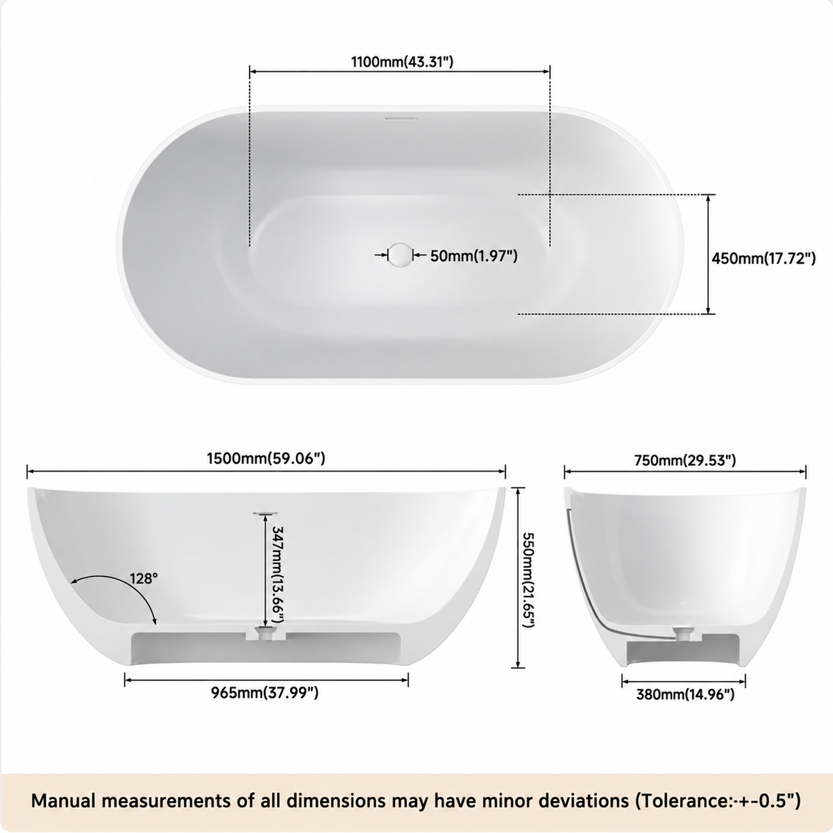 OBSIDIAN59 inch freestanding soaking bathtub dimensions and specifications