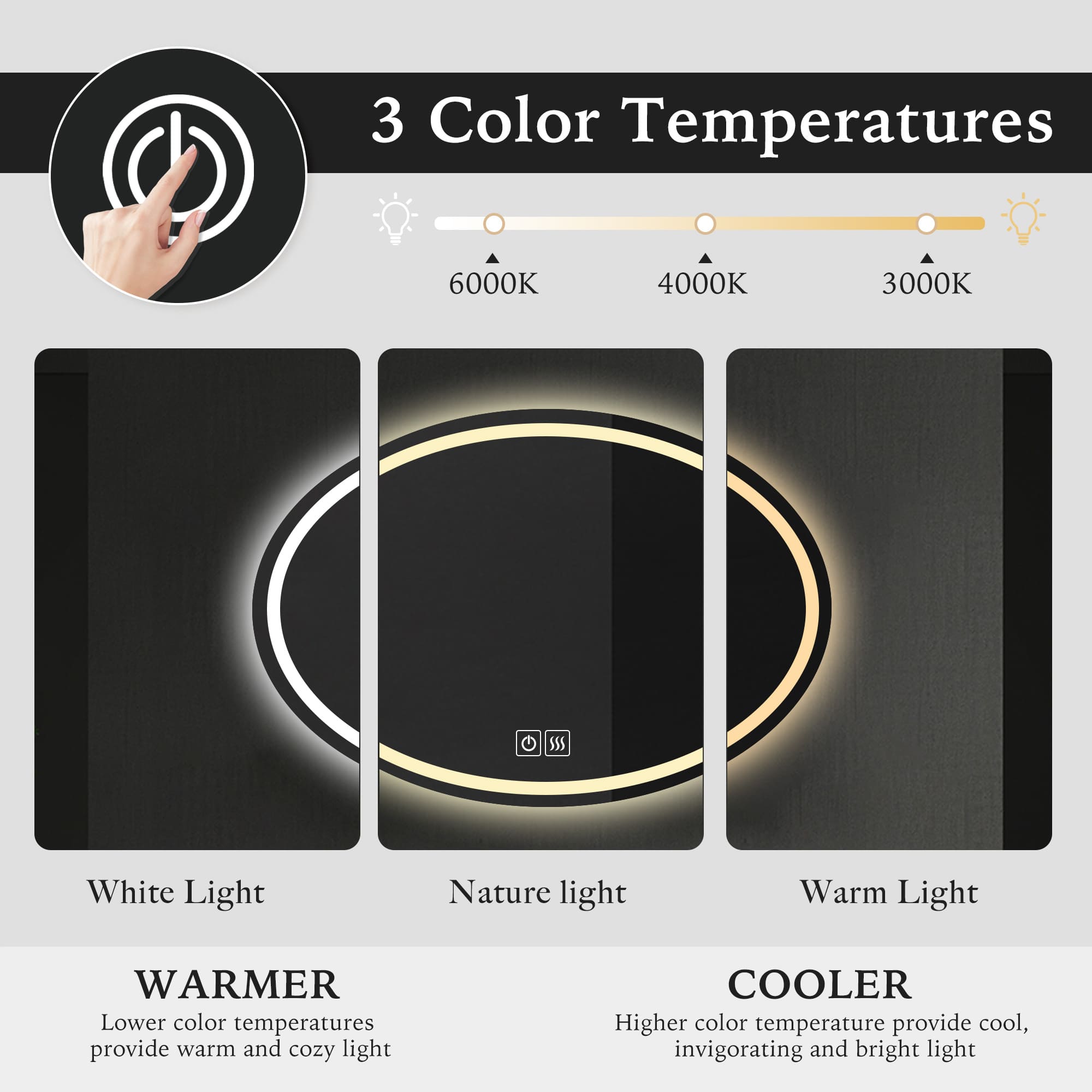 PLUTO Oval LED Mirror Color Temperatures