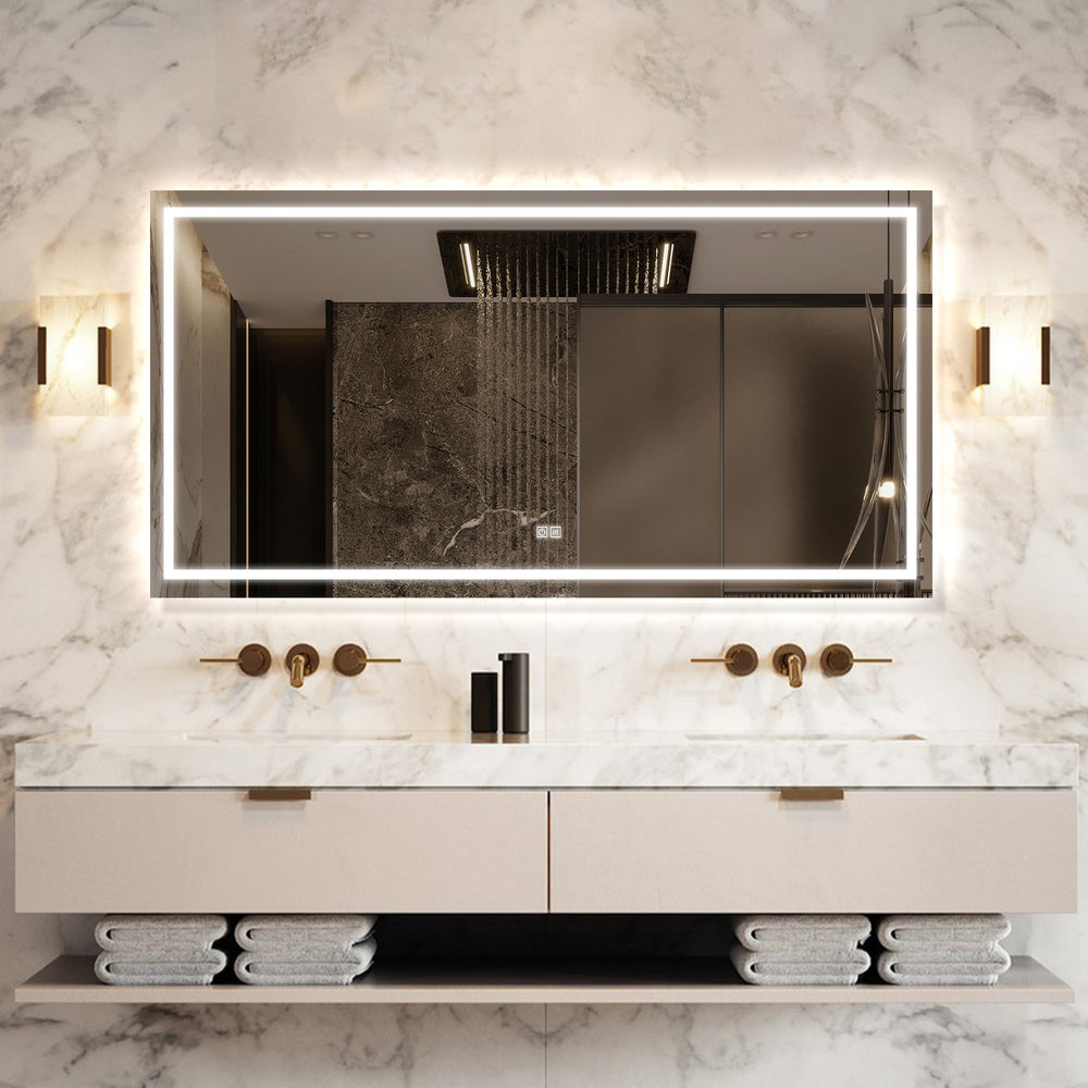 POLARIS custom LED bathroom mirror with front and back lights above a double vanity
