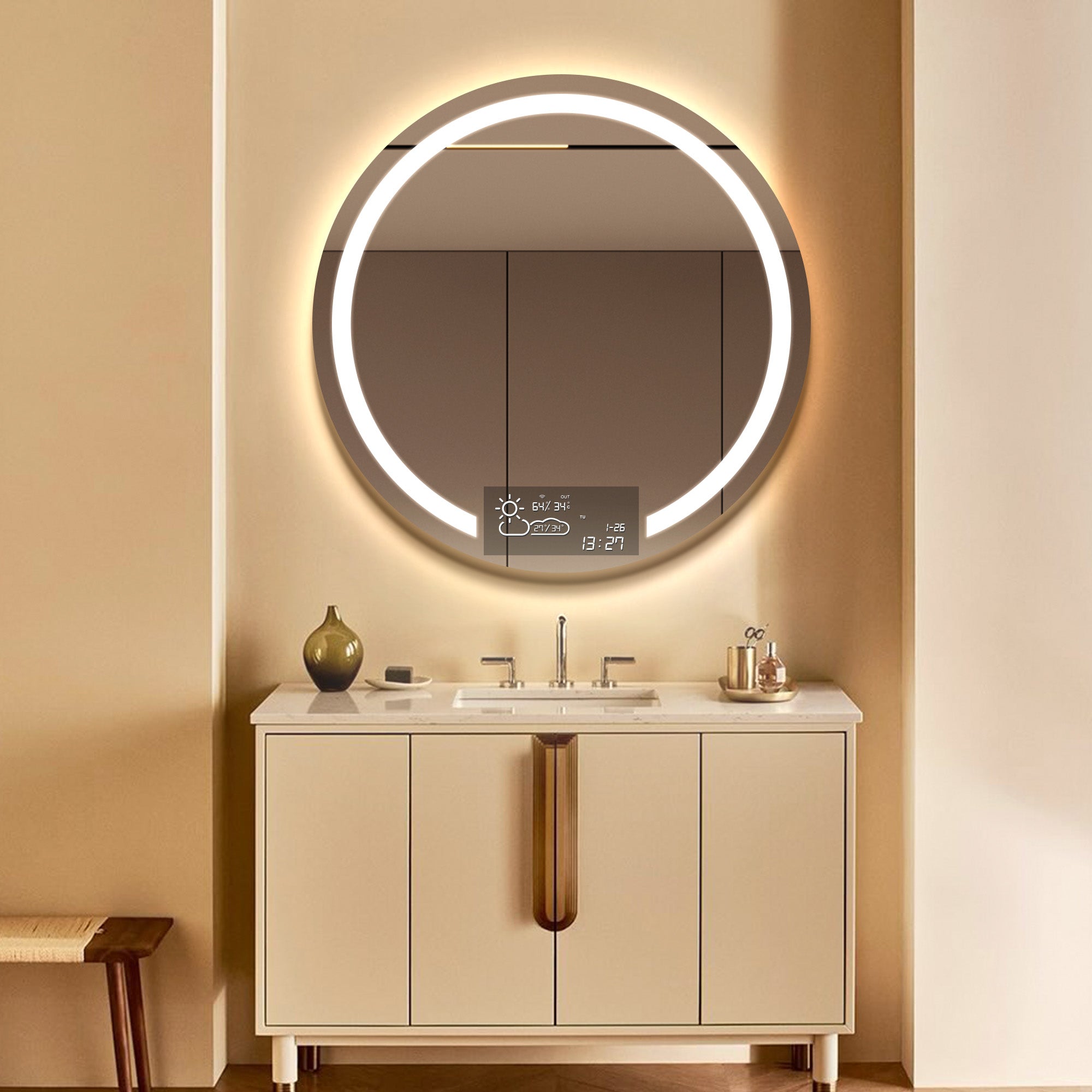 SINOPE Round Custom LED Mirror with WiFi Weather Station