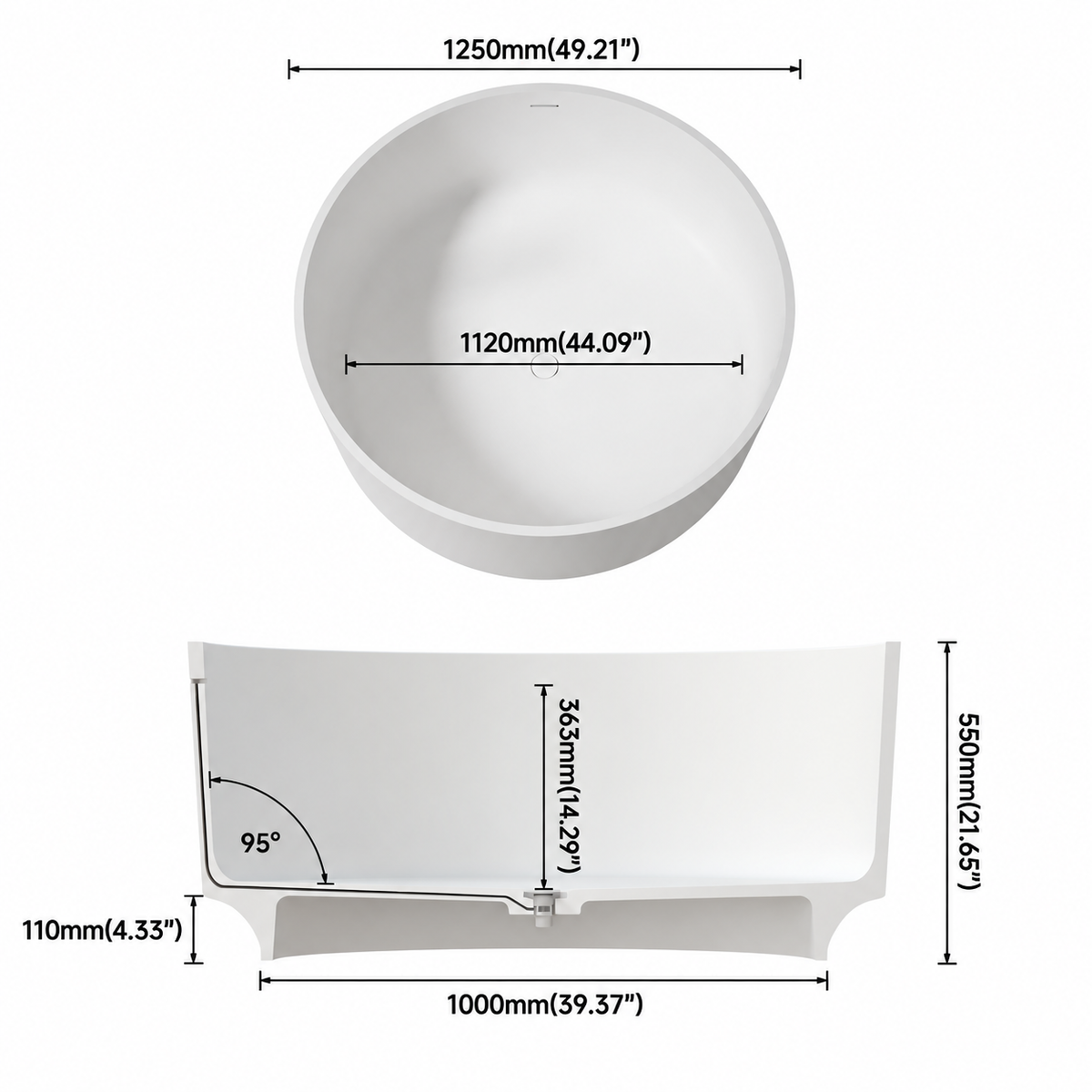 SYLARA 49-inch round freestanding solid surface soaking bathtub technical drawing with dimensions and sections