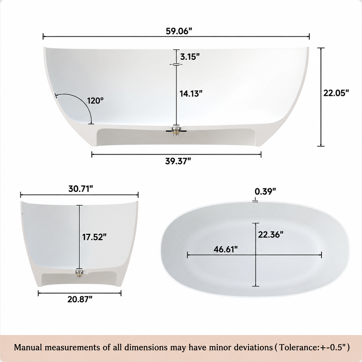TORVAN 59-inch freestanding solid surface soaking bathtub technical drawing with dimensions