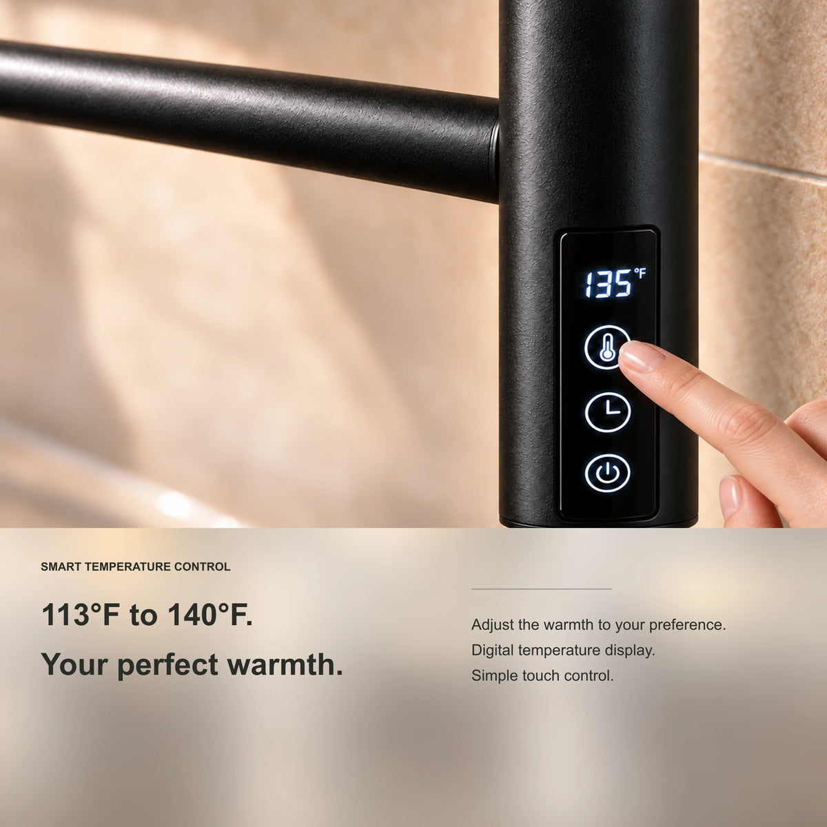 ALNAIR heated towel rack showing digital adjustable temperature control detail.