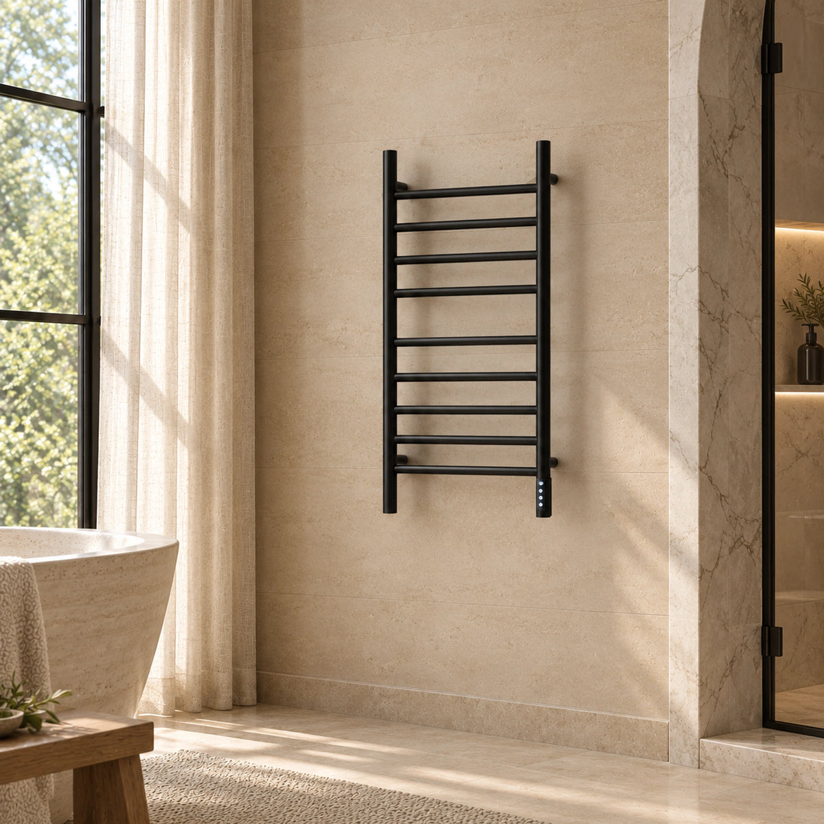 ALNAIR black heated towel rack with a tall ladder frame mounted in a bathroom setting.
