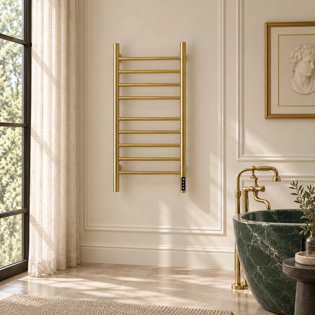 ALNAIR brushed gold heated towel rack with a tall ladder frame mounted in a bathroom setting.