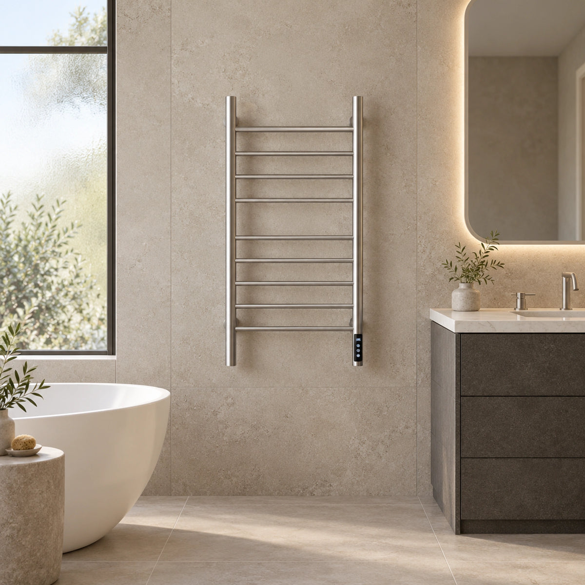 ALNAIR brushed silver heated towel rack with a tall ladder frame mounted in a modern stone bathroom.