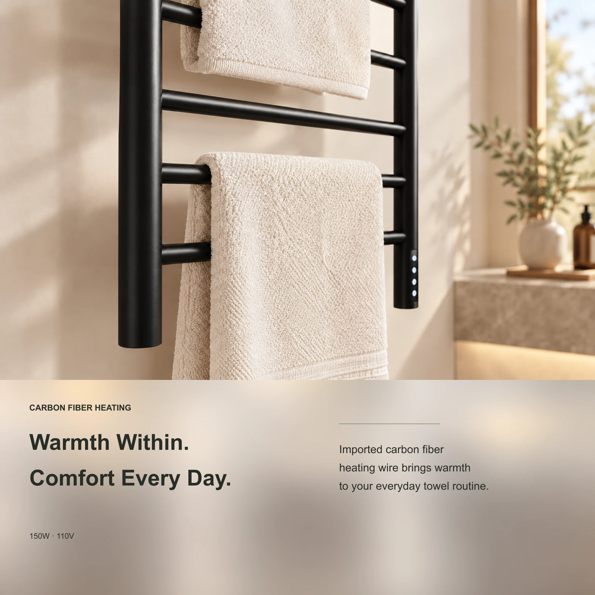 ALNAIR heated towel rack showing carbon fiber heating information and a towel on the rails.