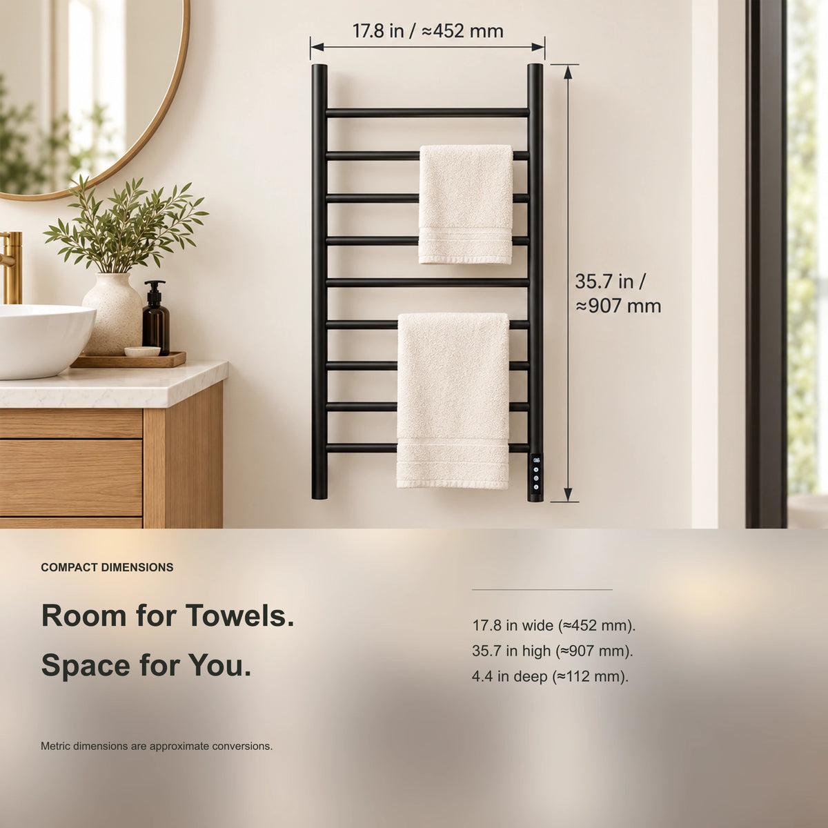 ALNAIR heated towel rack showing product width, height and depth measurements.