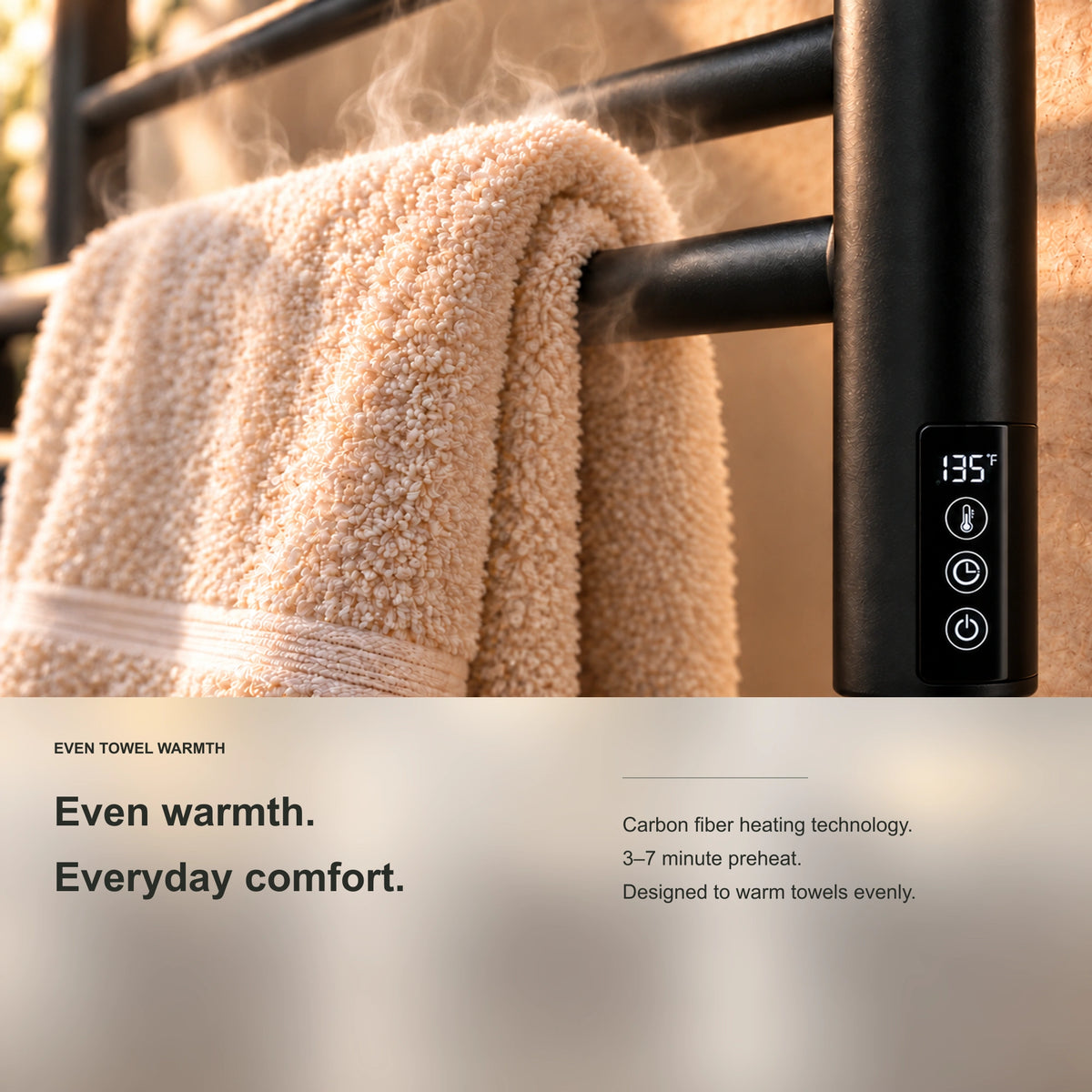 ALNAIR heated towel rack showing a towel draped over the heated rails and even heating information.