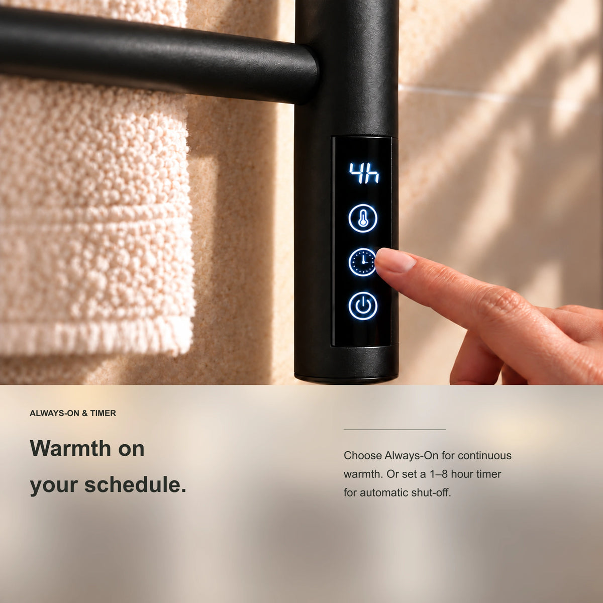 ALNAIR heated towel rack showing digital timer control and scheduling detail.