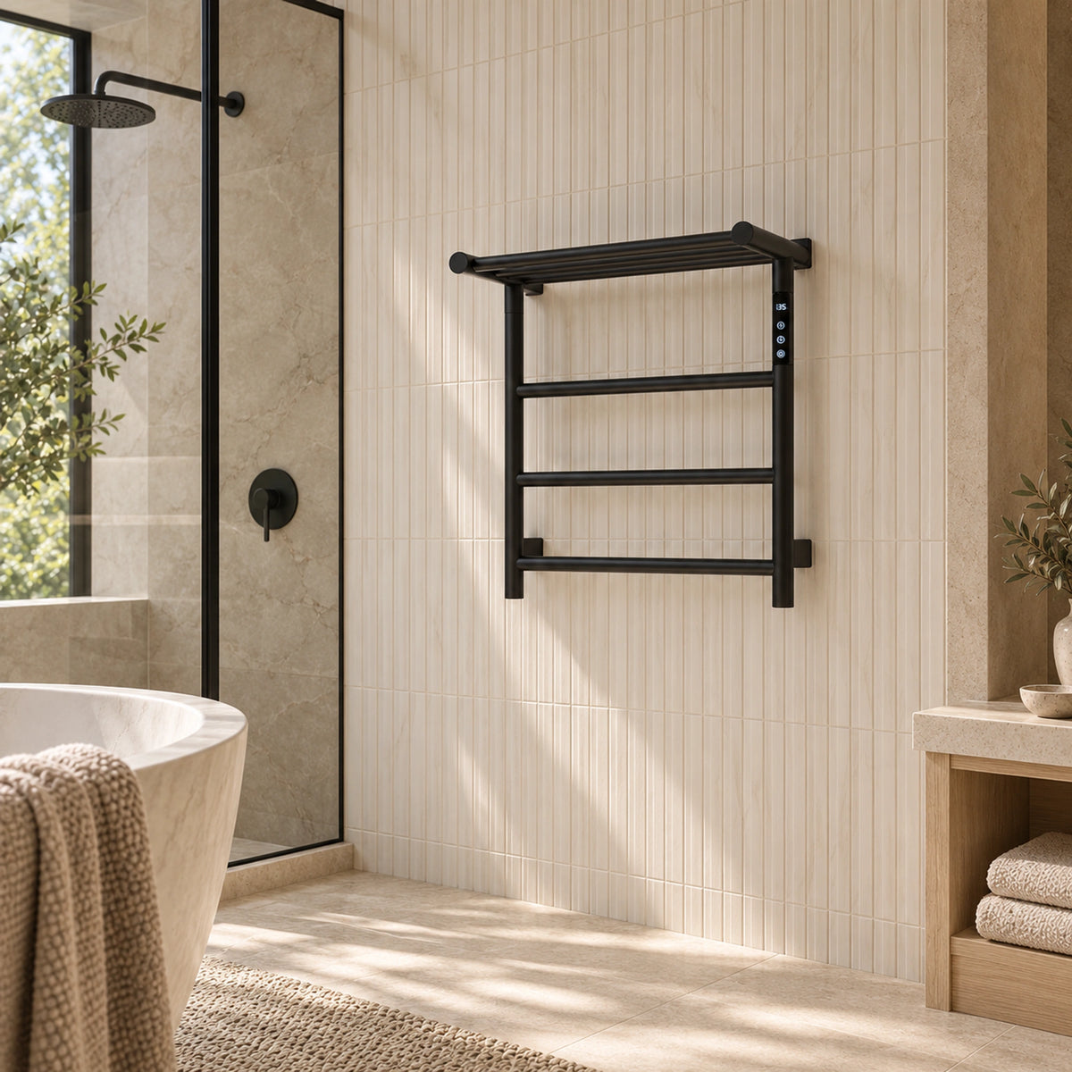 ALYA black heated towel rack with a top storage shelf and hanging rails mounted in a bathroom setting.