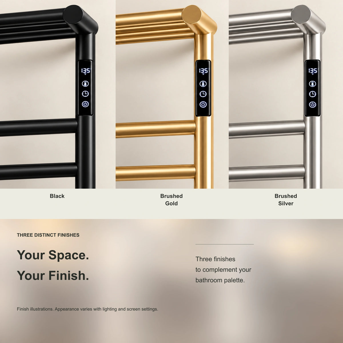 ALYA heated towel rack showing black, brushed gold and brushed silver finish options.