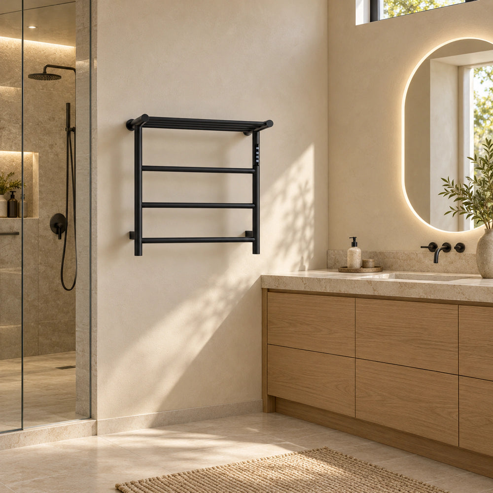 ALYA black heated towel rack with a top storage shelf and hanging rails mounted in a wood wabi sabi bathroom.