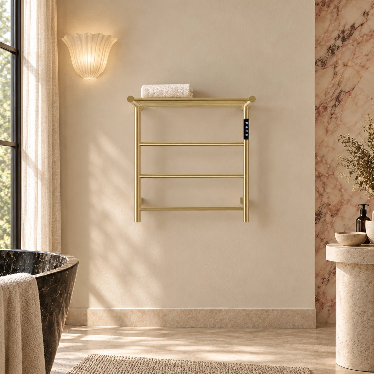 ALYA brushed gold heated towel rack with a top storage shelf and hanging rails mounted in a bathroom setting.