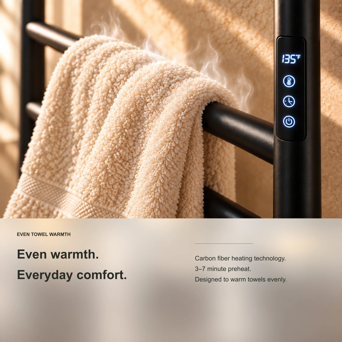 ALYA heated towel rack showing a towel draped over the heated rails and even heating information.