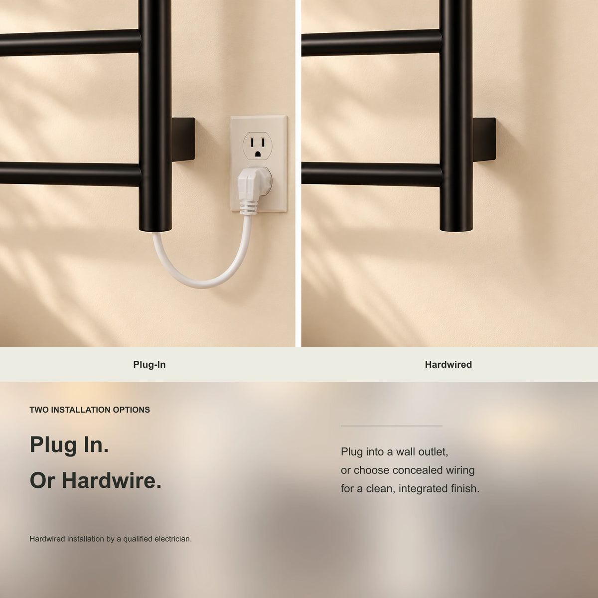 ALYA heated towel rack showing plug-in and hardwired installation examples.