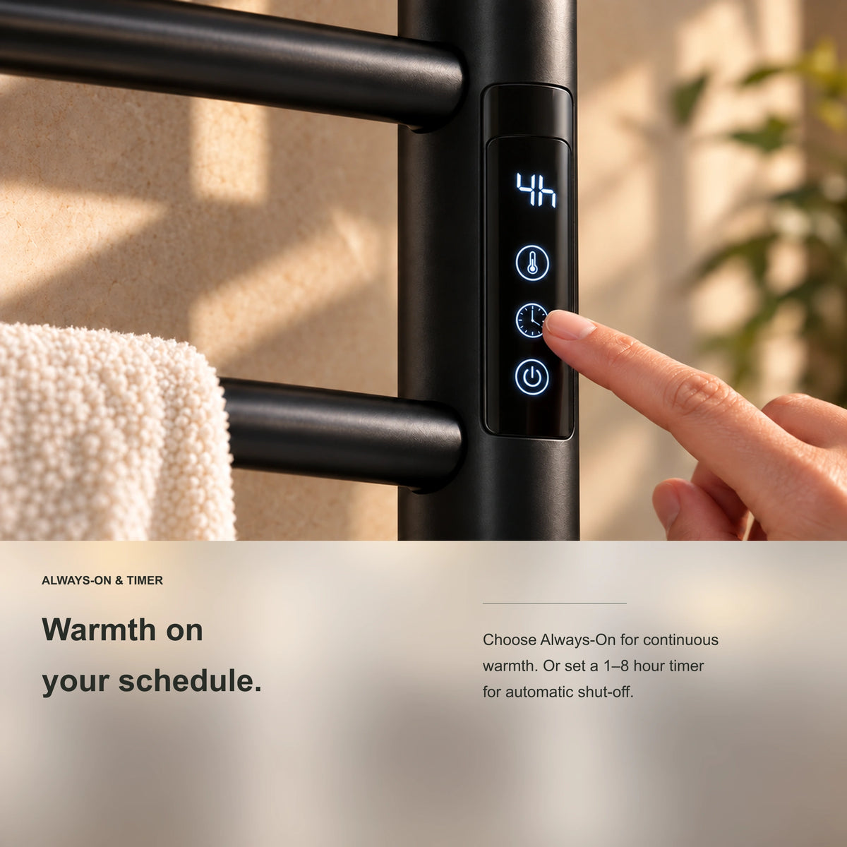 ALYA heated towel rack showing digital timer control and scheduling detail.