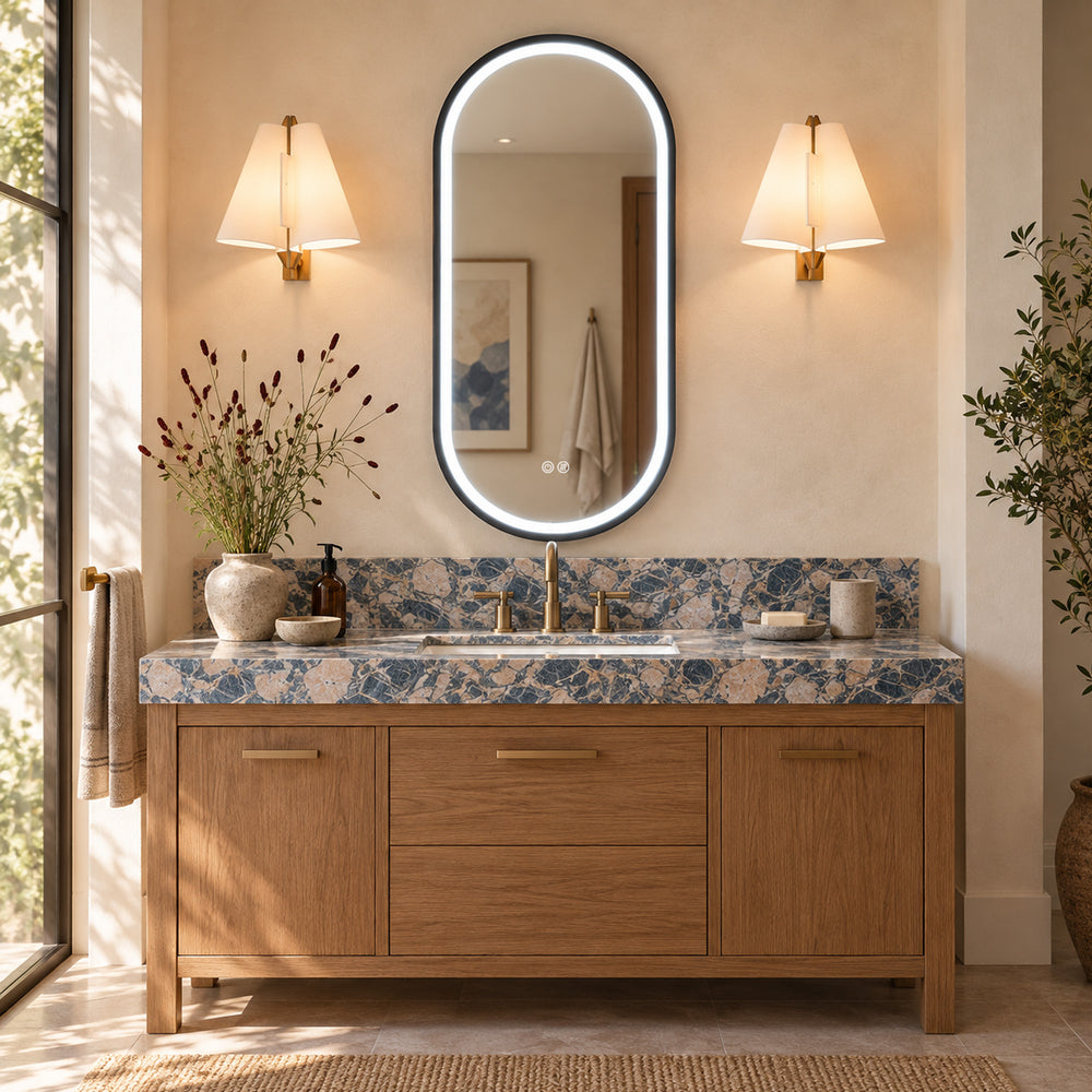 ANTARES framed arched LED bathroom mirror above a vanity