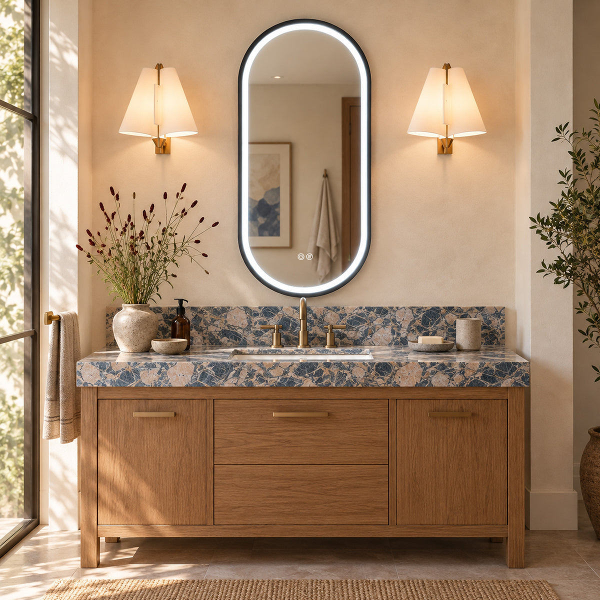 ANTARES framed arched LED bathroom mirror above a vanity