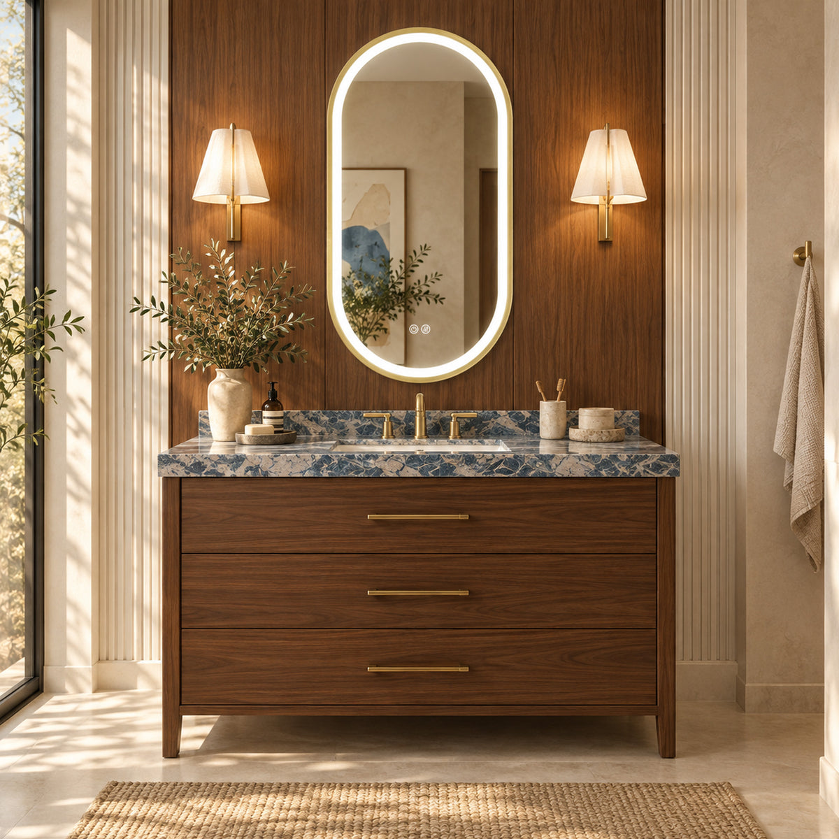 ANTARES arched LED bathroom mirror in a modern bathroom