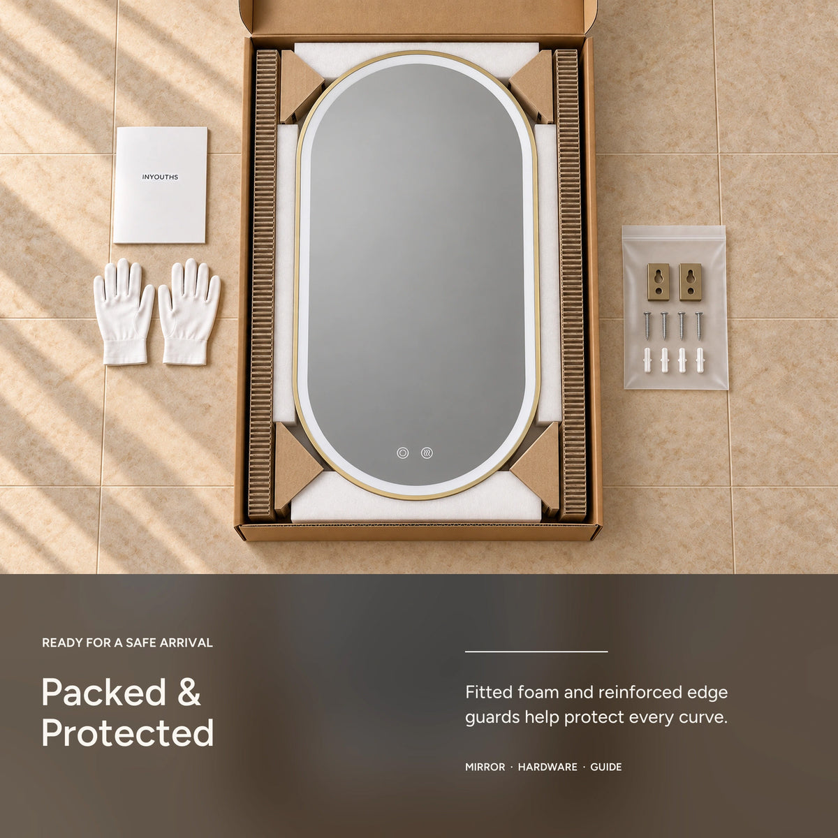ANTARES arched LED bathroom mirror protective packaging and hardware
