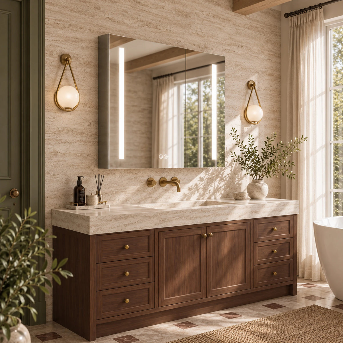 CASTOR Twin Light Bar LED Medicine Cabinet with Interior Lighting - Bathroom Angle View