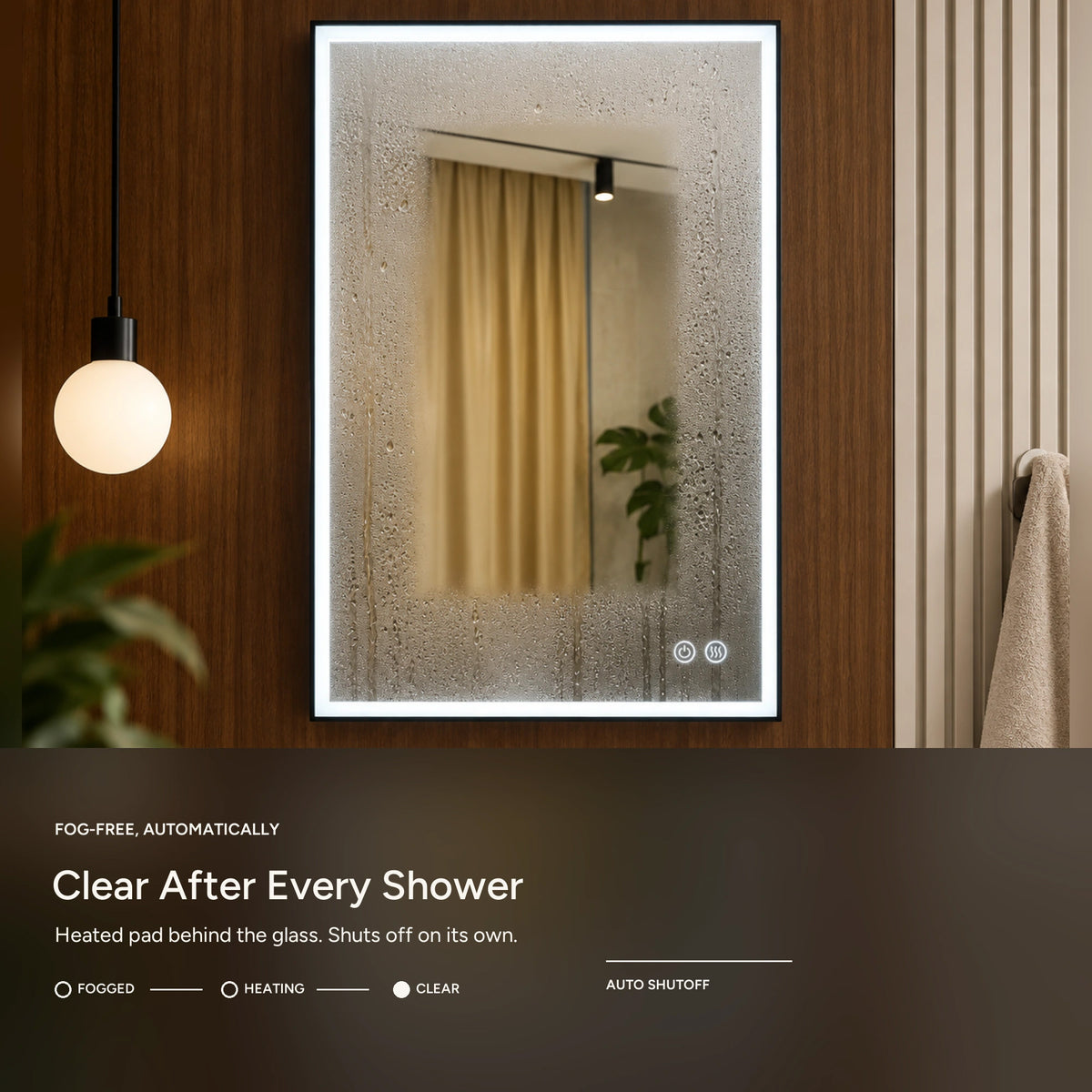 DENEB heated anti-fog mirror with automatic shutoff