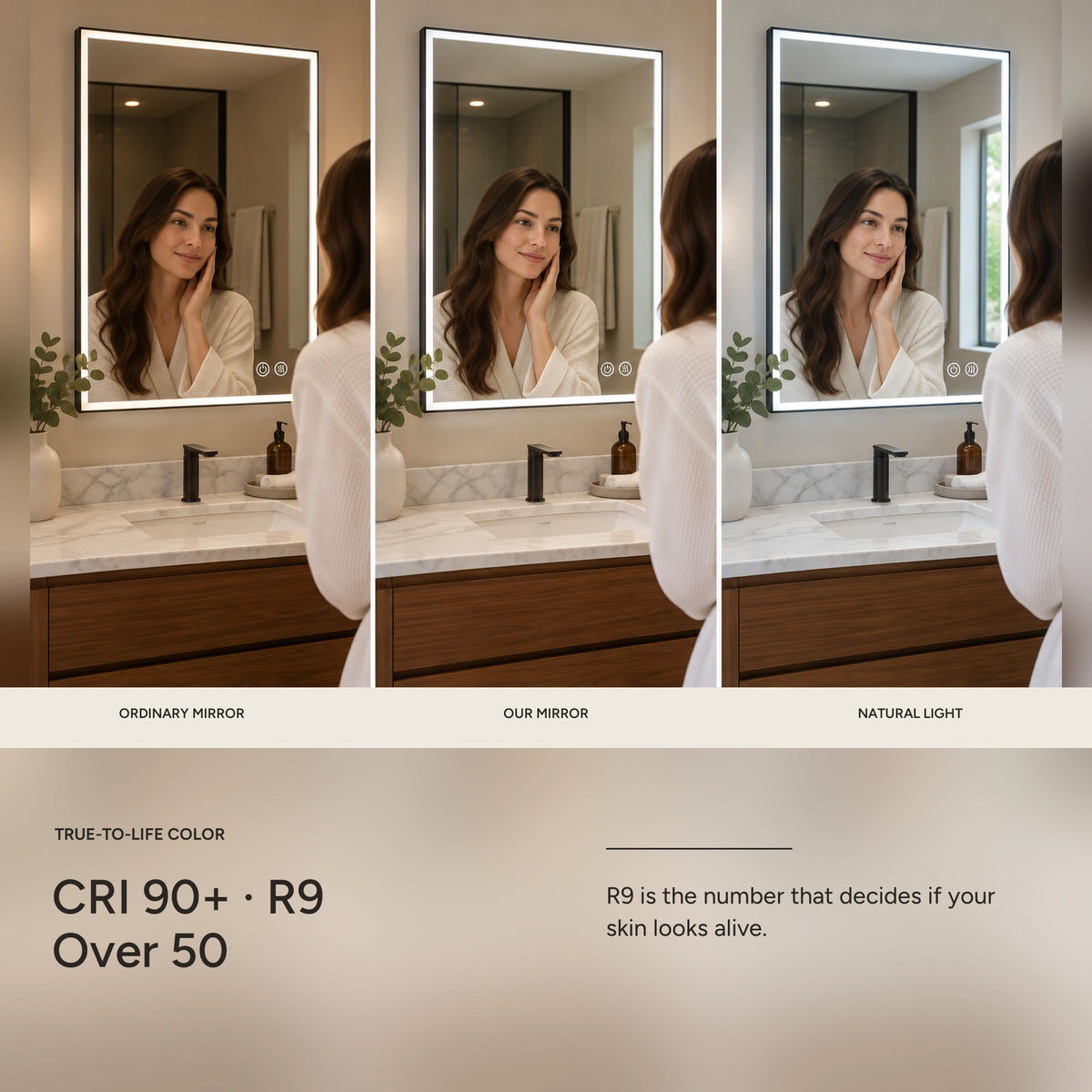 DENEB CRI 90+ LED mirror color-rendering comparison