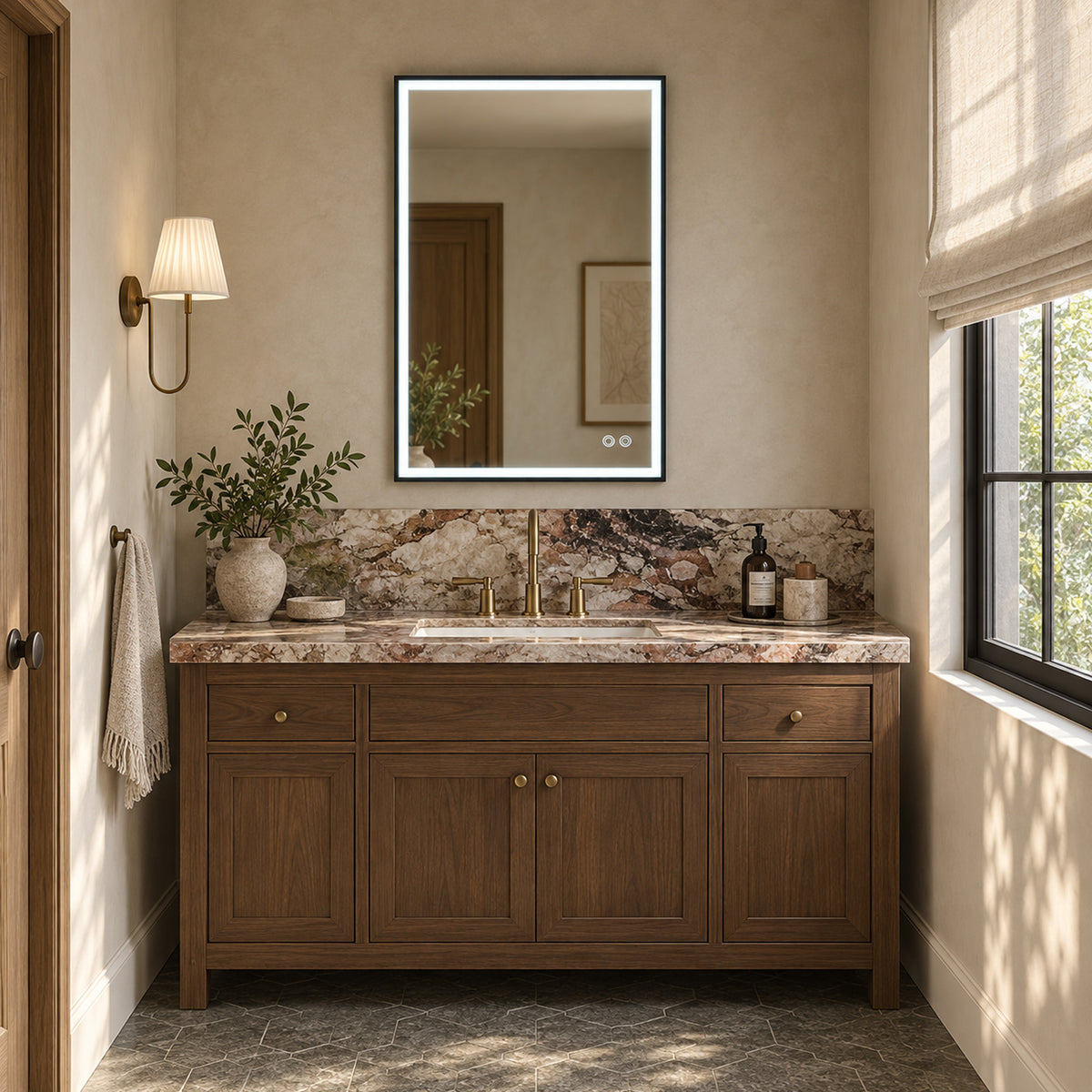 DENEB brushed-black framed rectangular LED bathroom mirror above a vanity