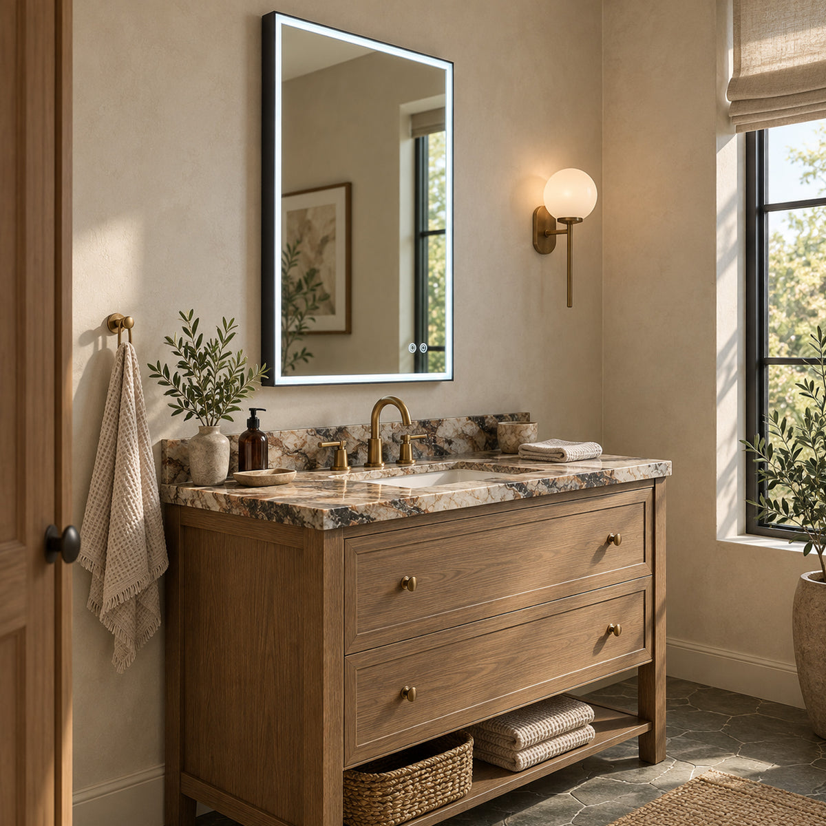 DENEB rectangular LED bathroom mirror in a modern bathroom