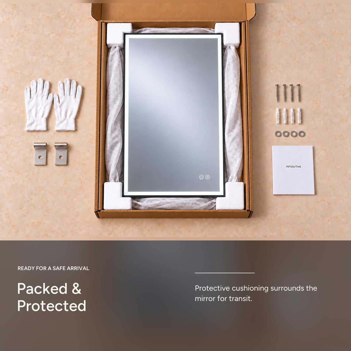 DENEB LED bathroom mirror protective packaging and hardware