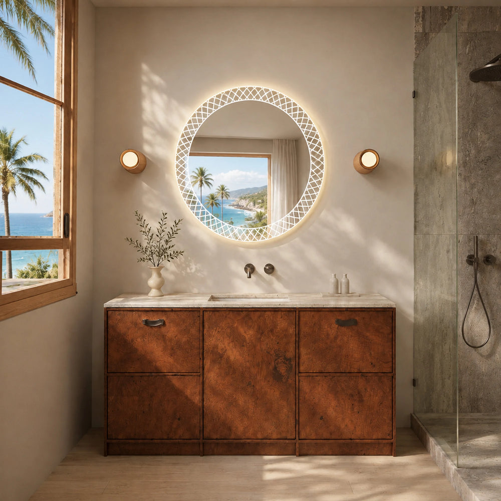ELECTRA Sandblasted Border Round Backlit LED Mirror, 32 Inch - lifestyle scene 1
