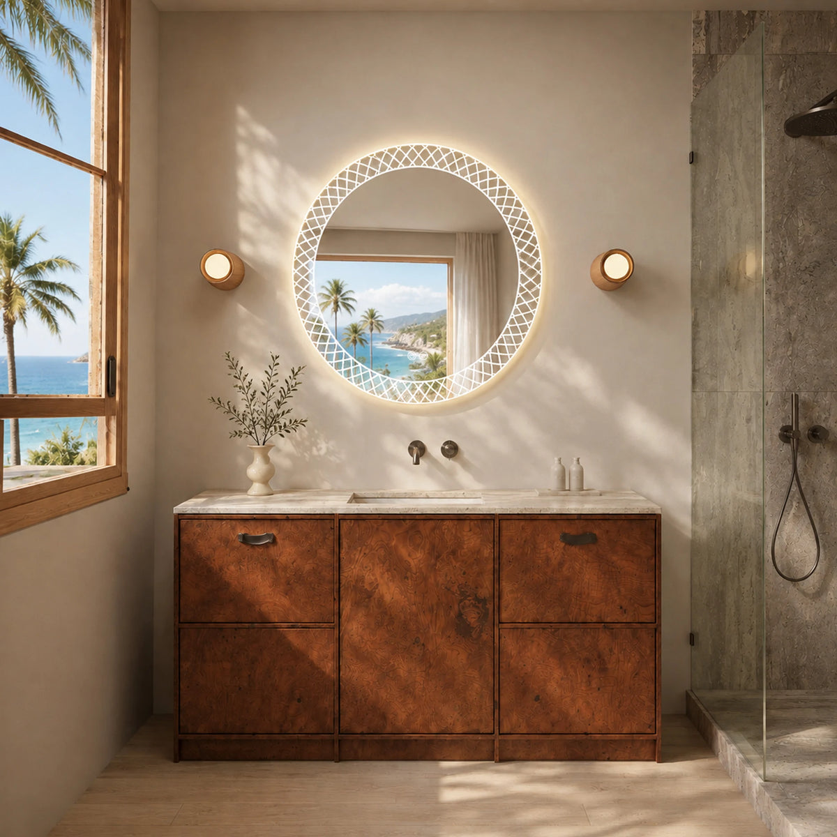 ELECTRA Sandblasted Border Round Backlit LED Mirror, 32 Inch - lifestyle scene 1