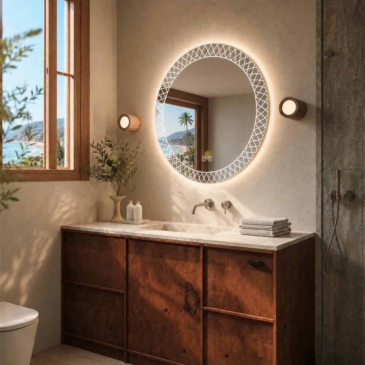 ELECTRA Sandblasted Border Round Backlit LED Mirror, 32 Inch - lifestyle scene 2