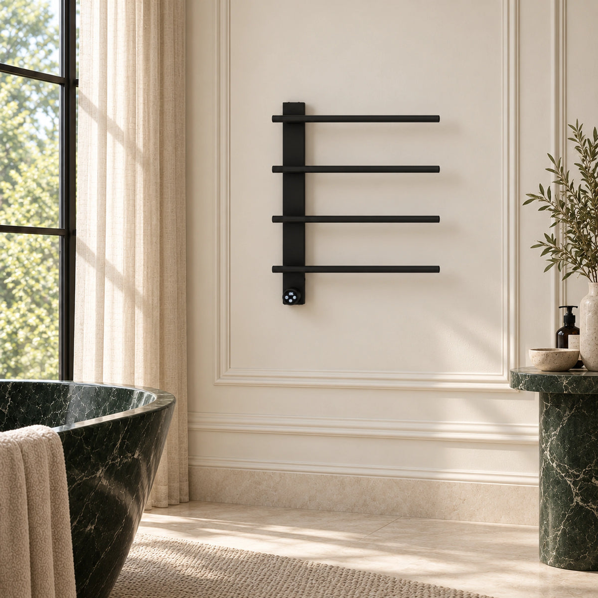 ENIF black heated towel rack with four open-ended arms mounted in a bathroom setting.