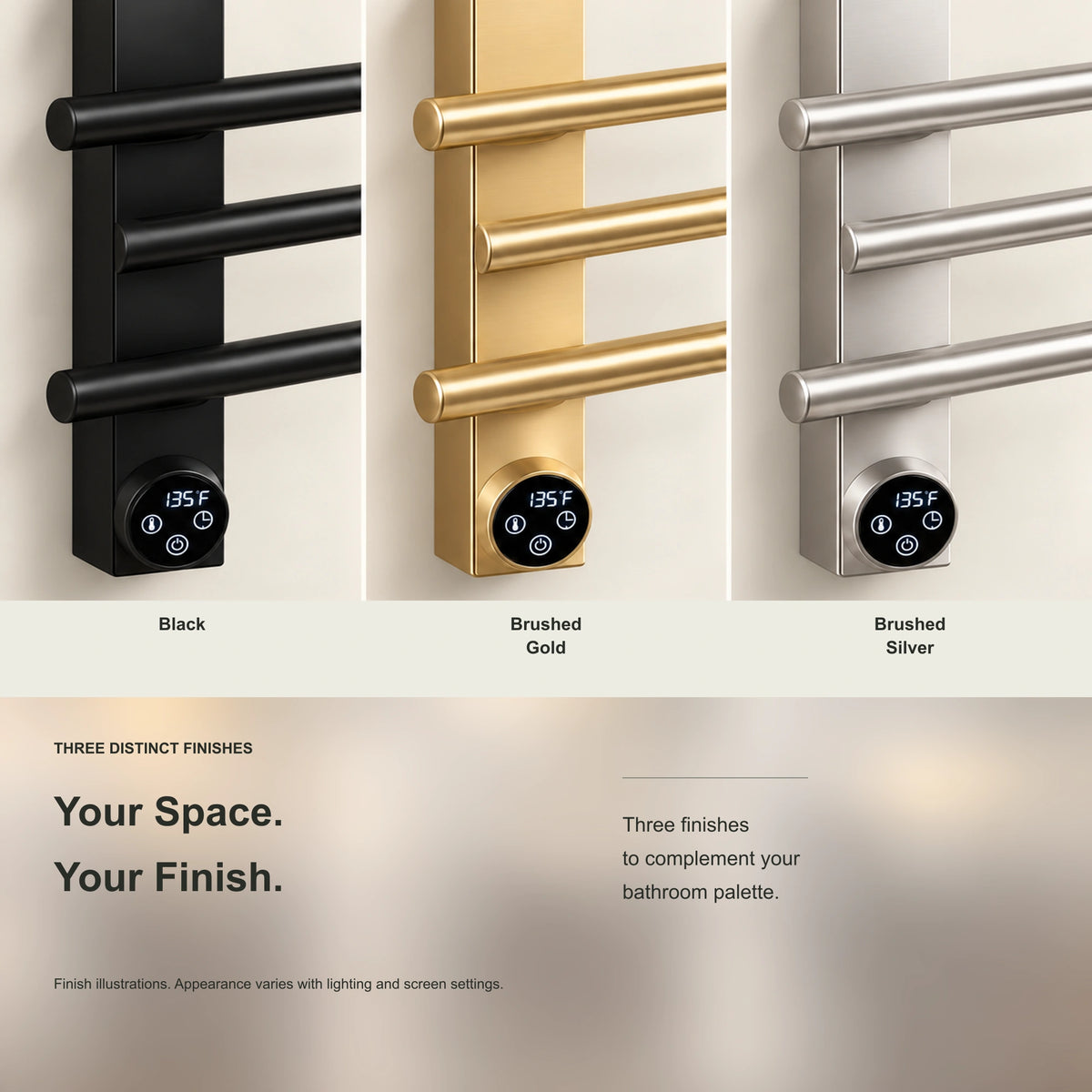 ENIF heated towel rack showing black, brushed gold and brushed silver finish options.