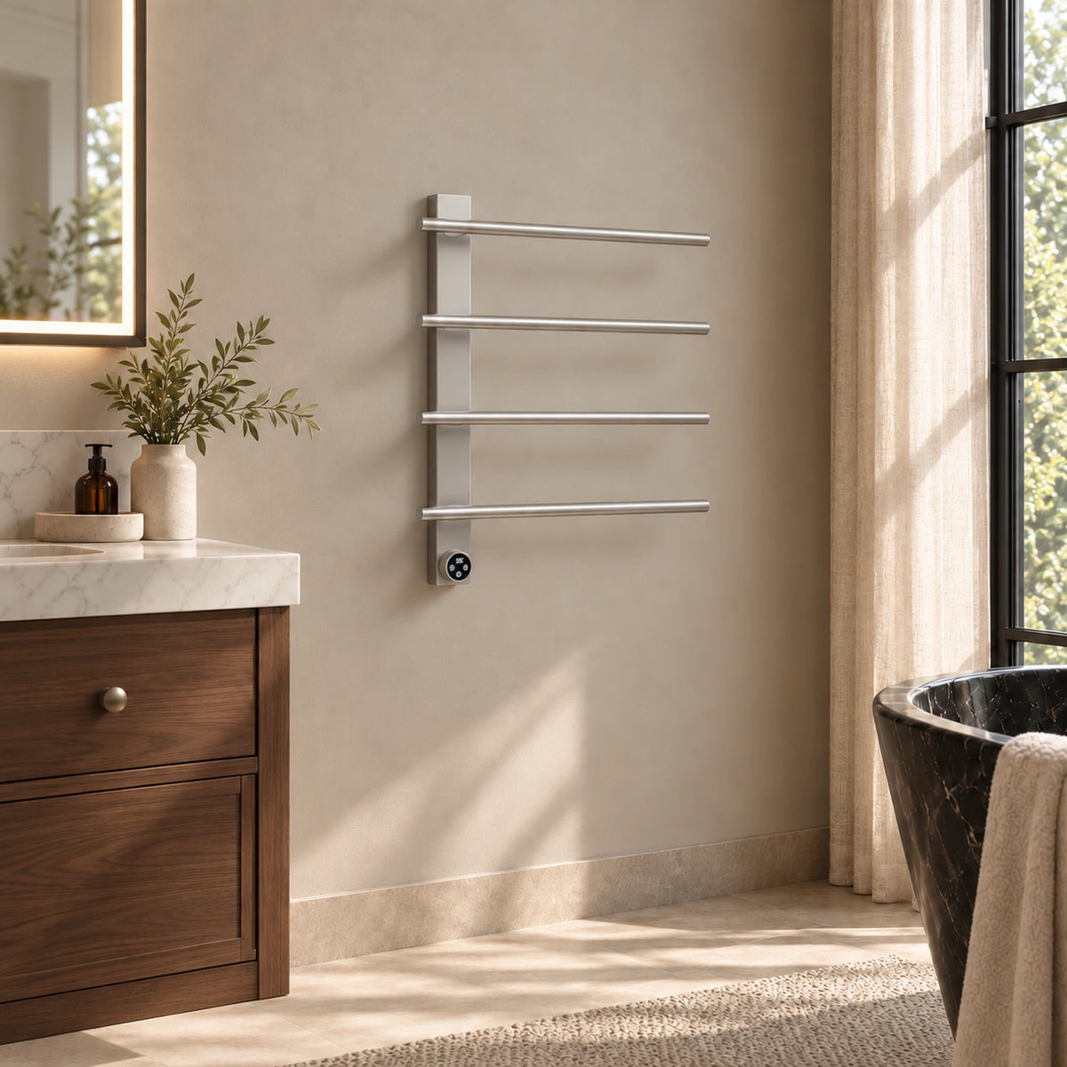 ENIF brushed silver heated towel rack with four open-ended arms mounted in a bathroom setting.