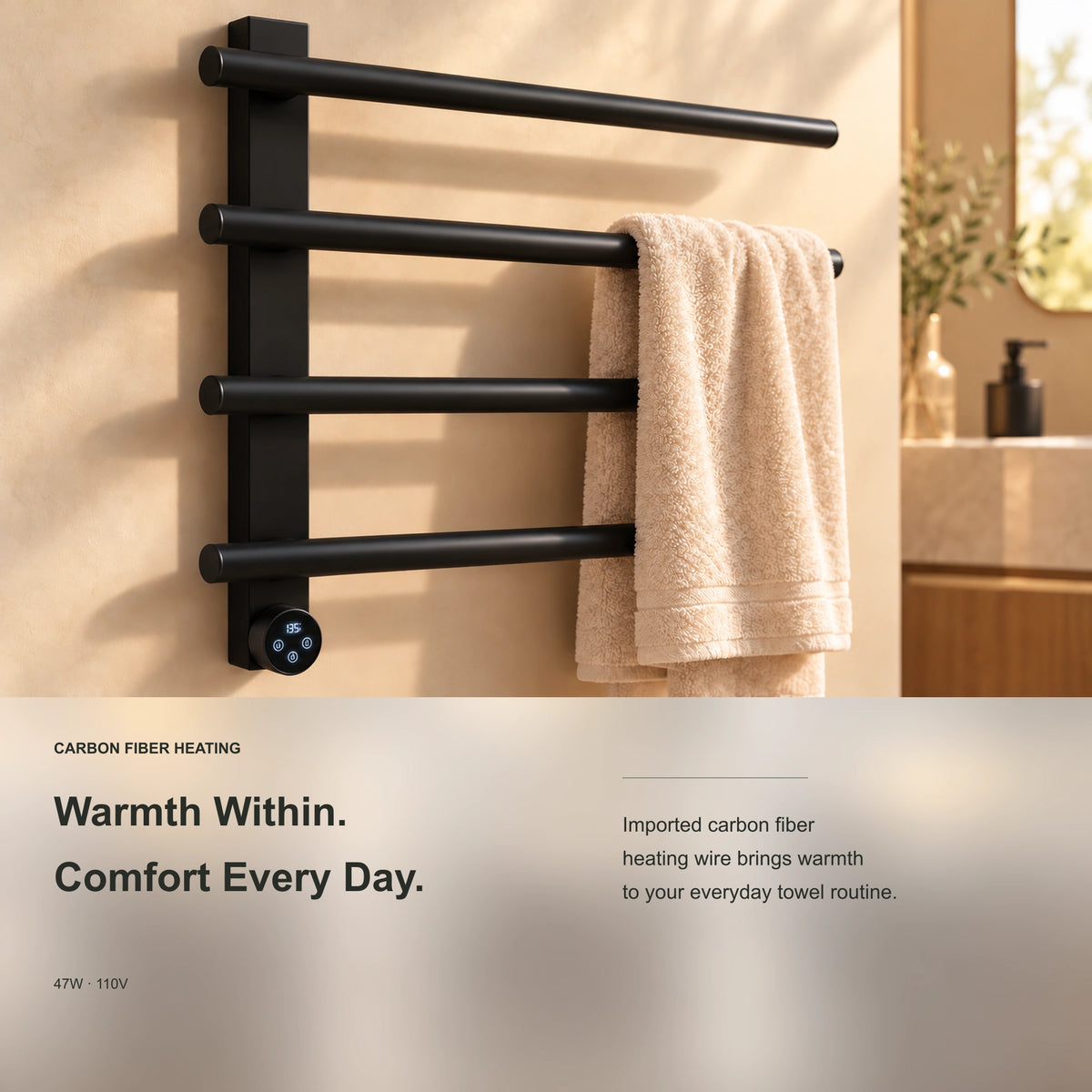 ENIF heated towel rack showing carbon fiber heating information and a towel on the rails.