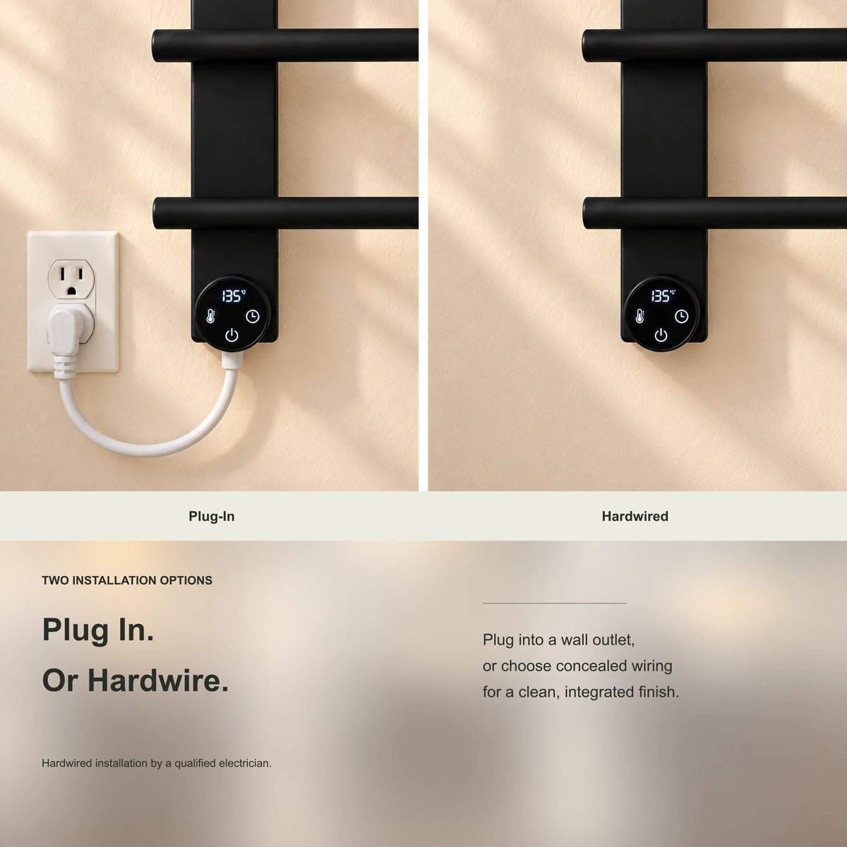 ENIF heated towel rack showing plug-in and hardwired installation examples.