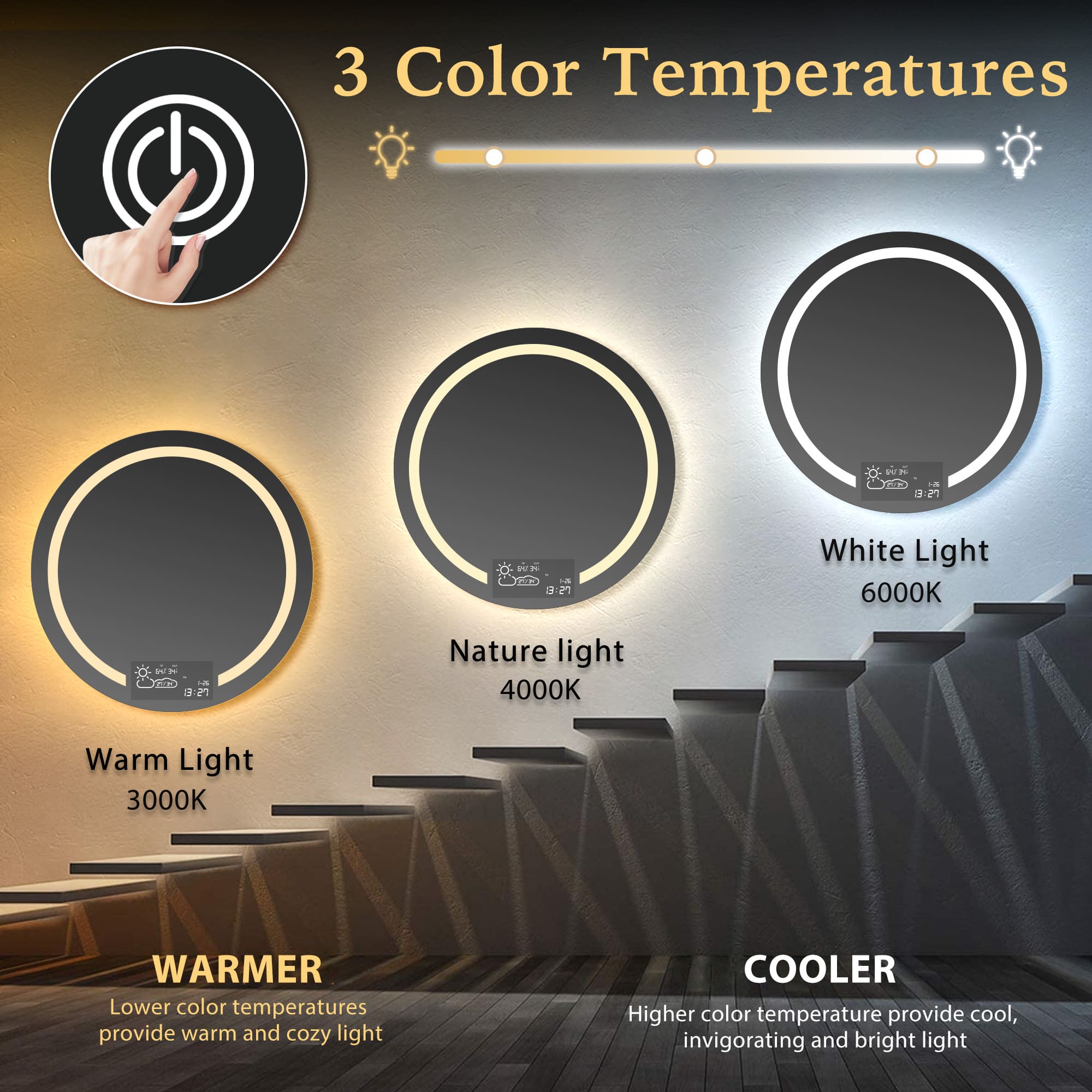 SINOPE Round Custom LED Mirror with WiFi Weather Station