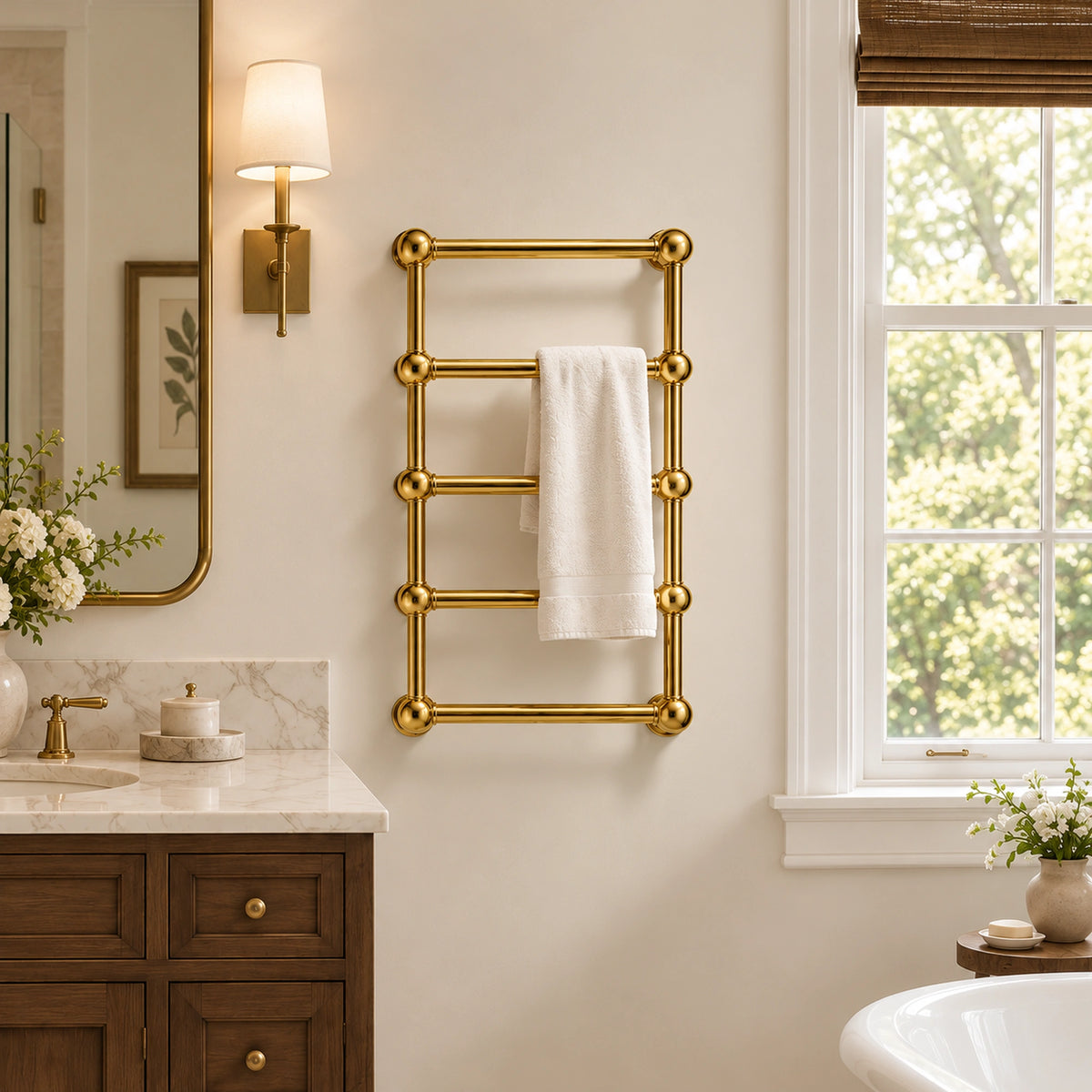 Inyouths Ashore brass heated towel rack in bathroom lifestyle setting