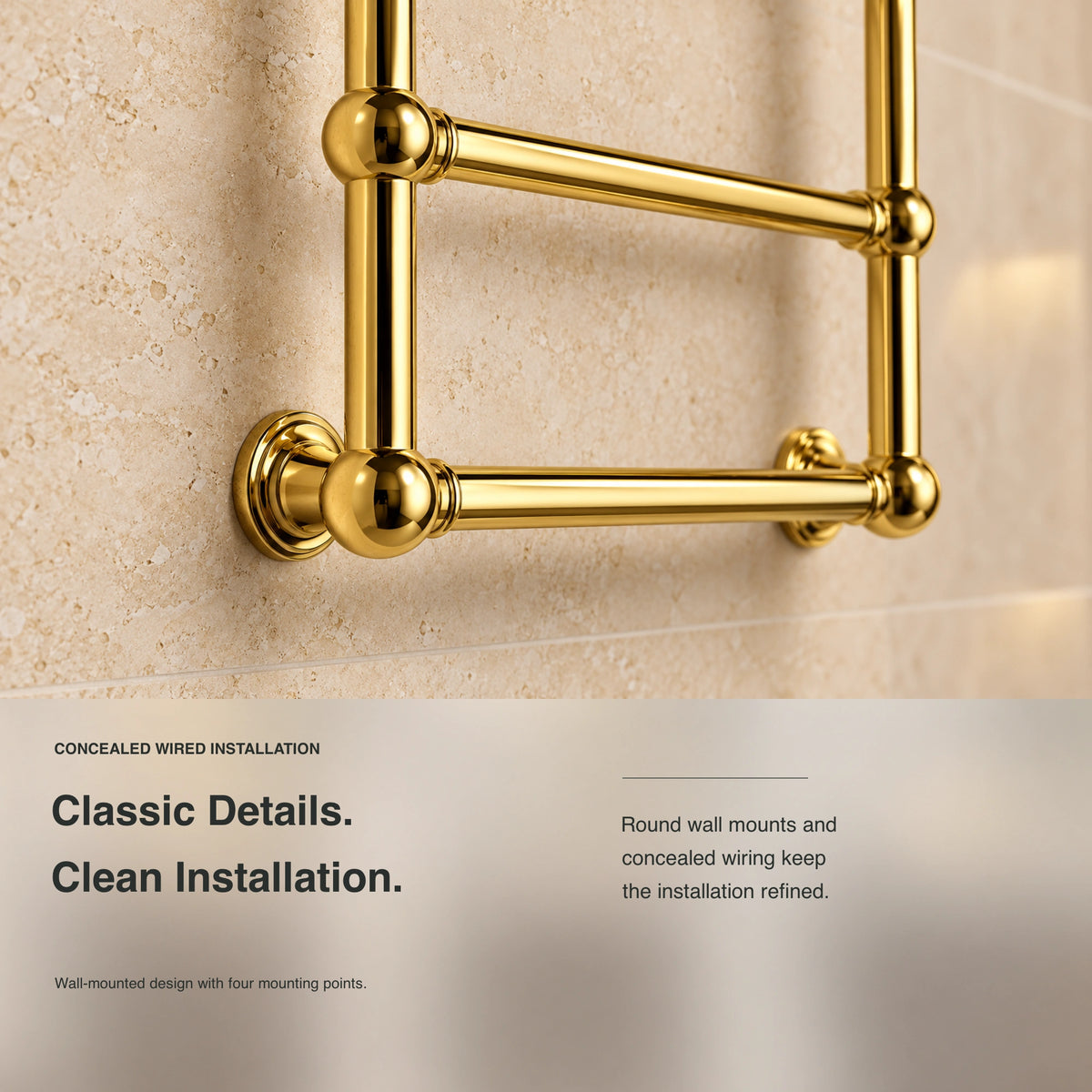 Inyouths Ashore brass heated towel rack concealed installation details