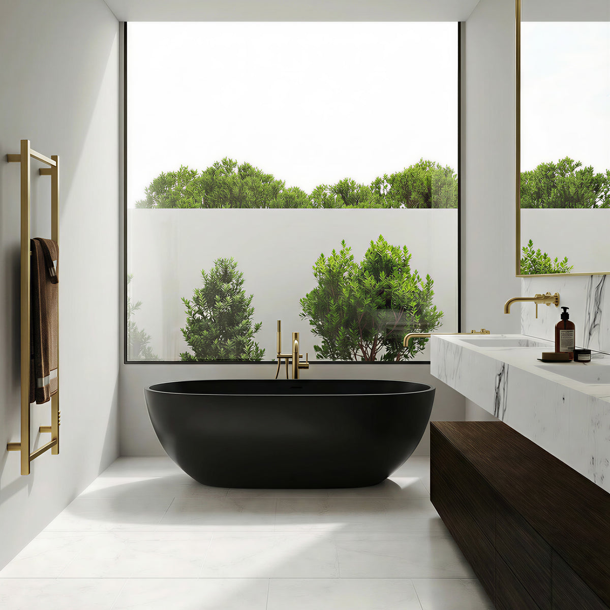 AURELLE 69-inch matte black oval bathtub beneath a large window beside a marble vanity