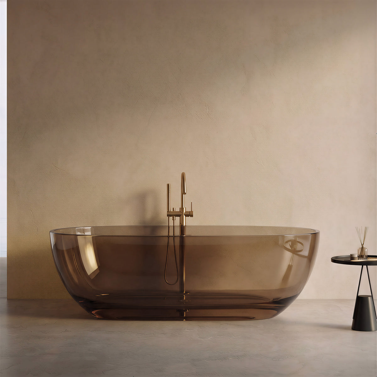 AURELLE 69-inch minimalist oval freestanding solid surface bathtub in translucent brown with gold faucet